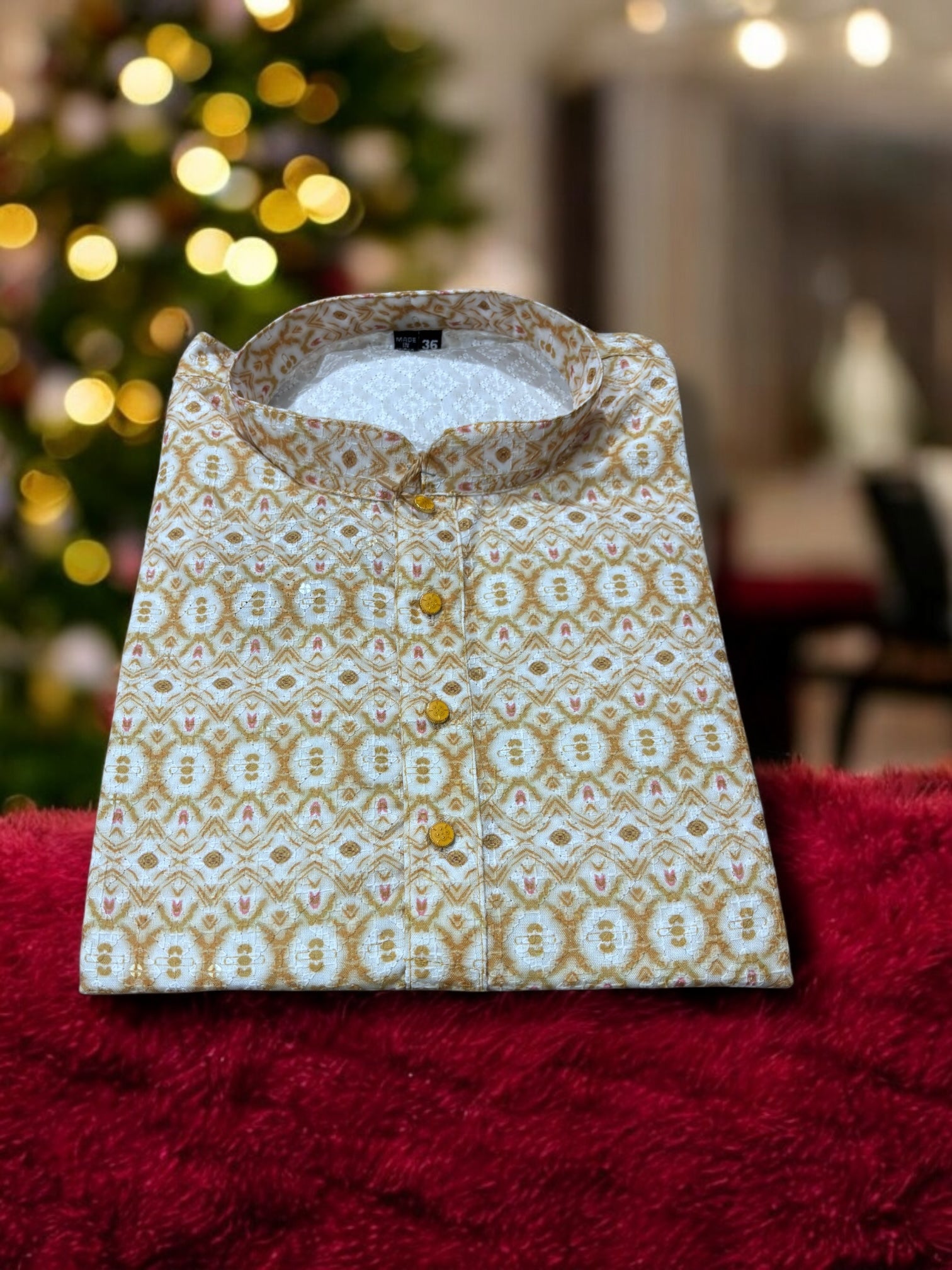 Traditional men's caramel digital print kurta from Saree Ghor Charlotte, showing intricate ethnic design and fit.