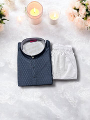 Traditional men's dark gray silk kurta pajama set from Saree Ghor Charlotte, featuring intricate ethnic design and classic fit.