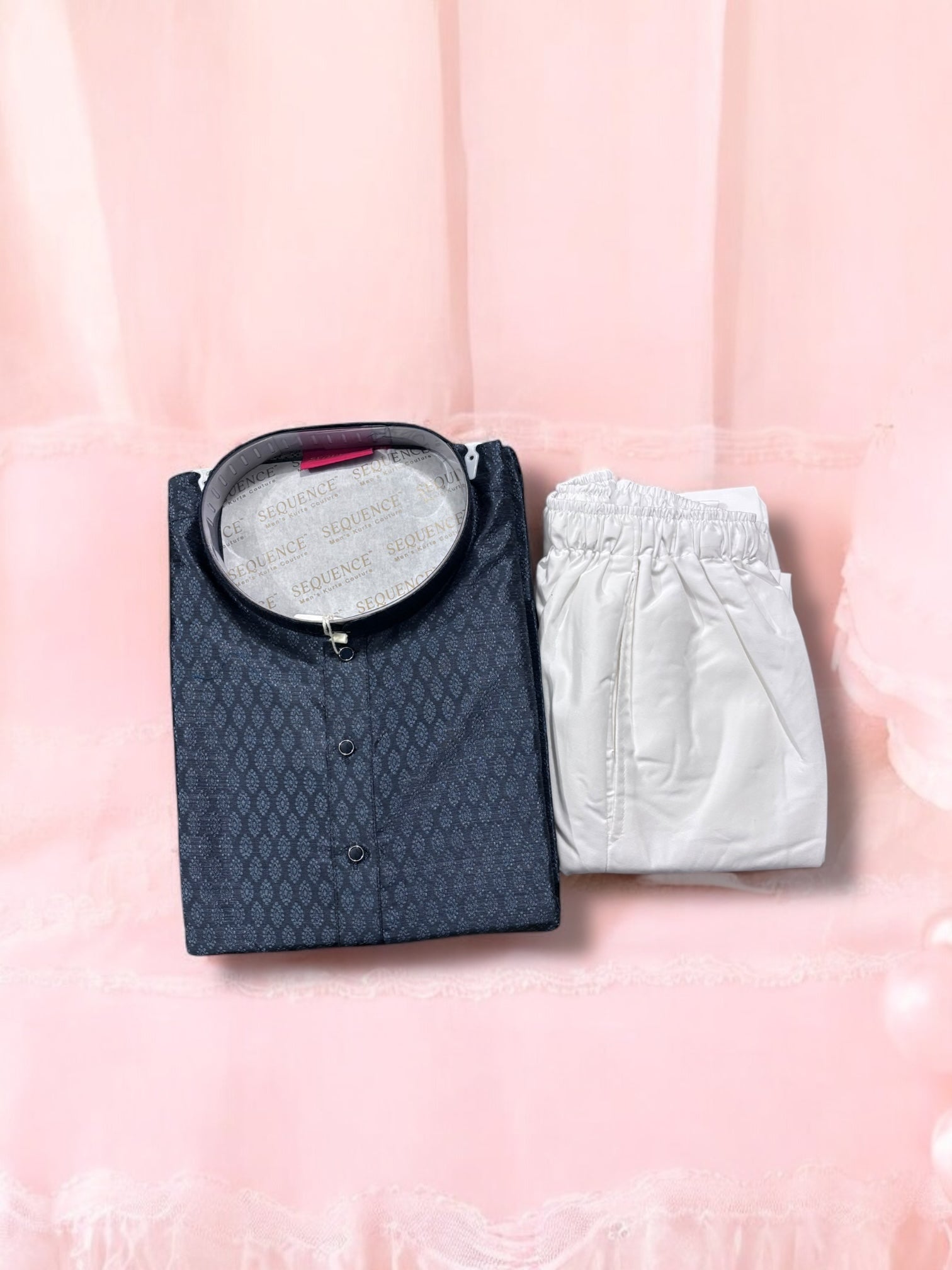 Traditional men's dark gray silk Kurta Pajama set by Saree Ghor Charlotte, featuring intricate ethnic design and classic style.
