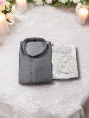 Traditional men's gray silk kurta and pajama set by Saree Ghor Charlotte, showcasing elegant ethnic wear for men.