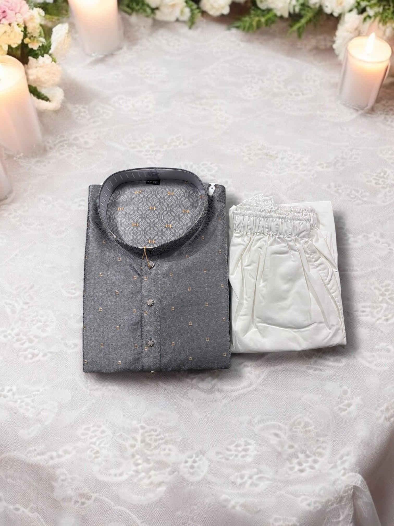 Traditional men's gray silk kurta and pajama set by Saree Ghor Charlotte, showcasing elegant ethnic wear for men.