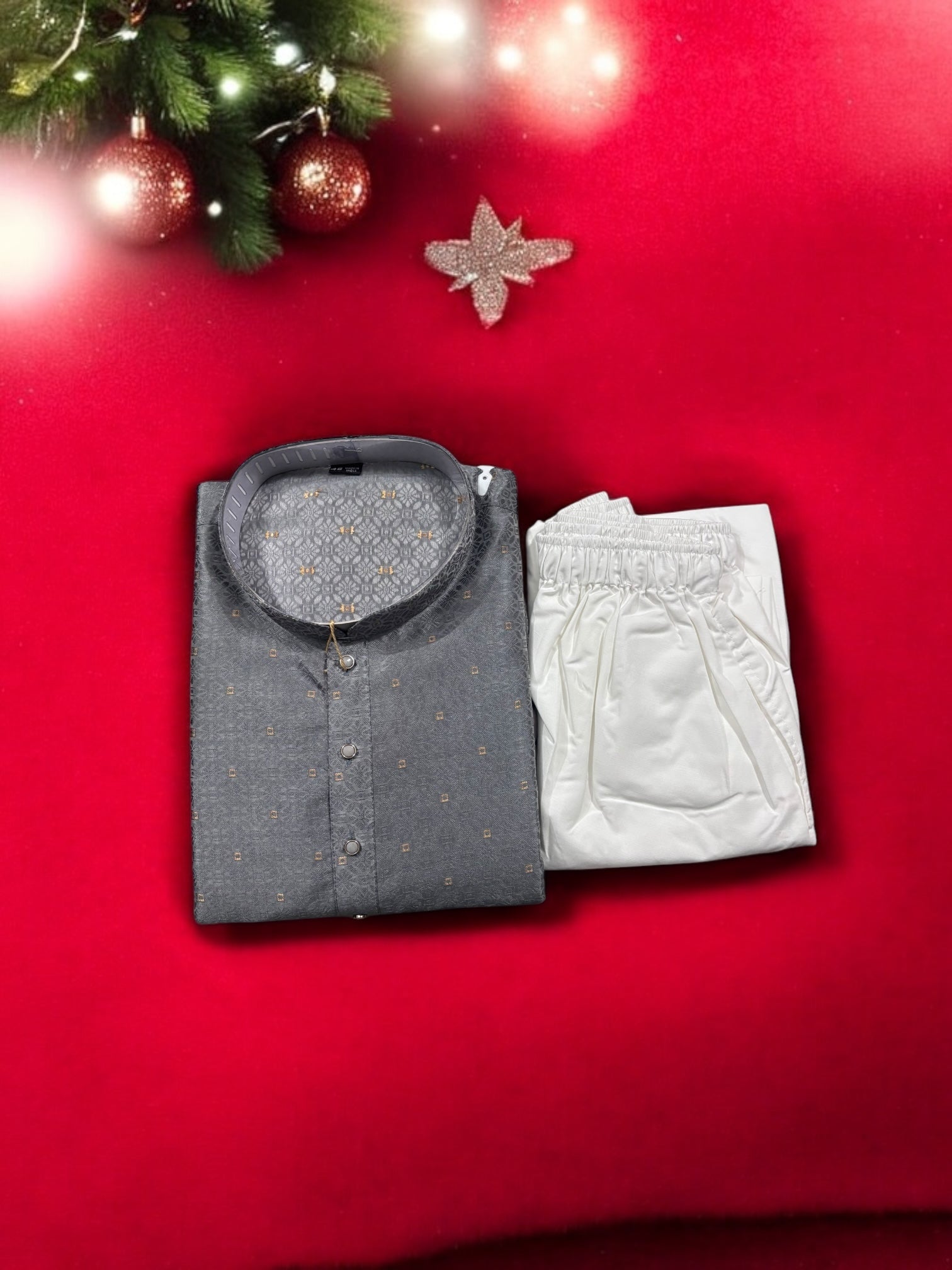 Traditional men's gray silk kurta and pajama set by Saree Ghor Charlotte, showcasing intricate ethnic wear design.