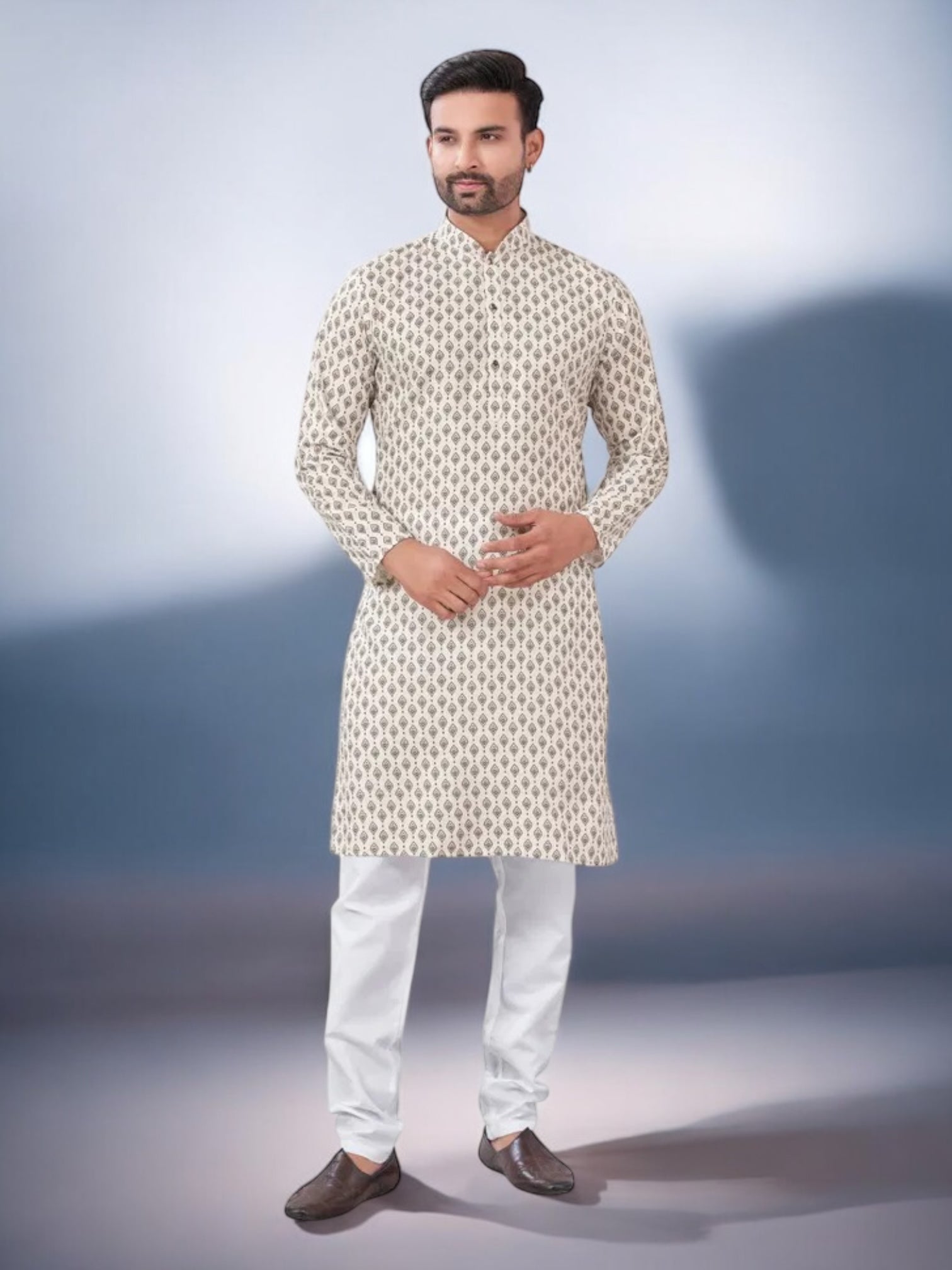 Traditional men's Kurta Pajama set by Saree Ghor Charlotte, featuring a classic ethnic men's Kurta with matching pajama.