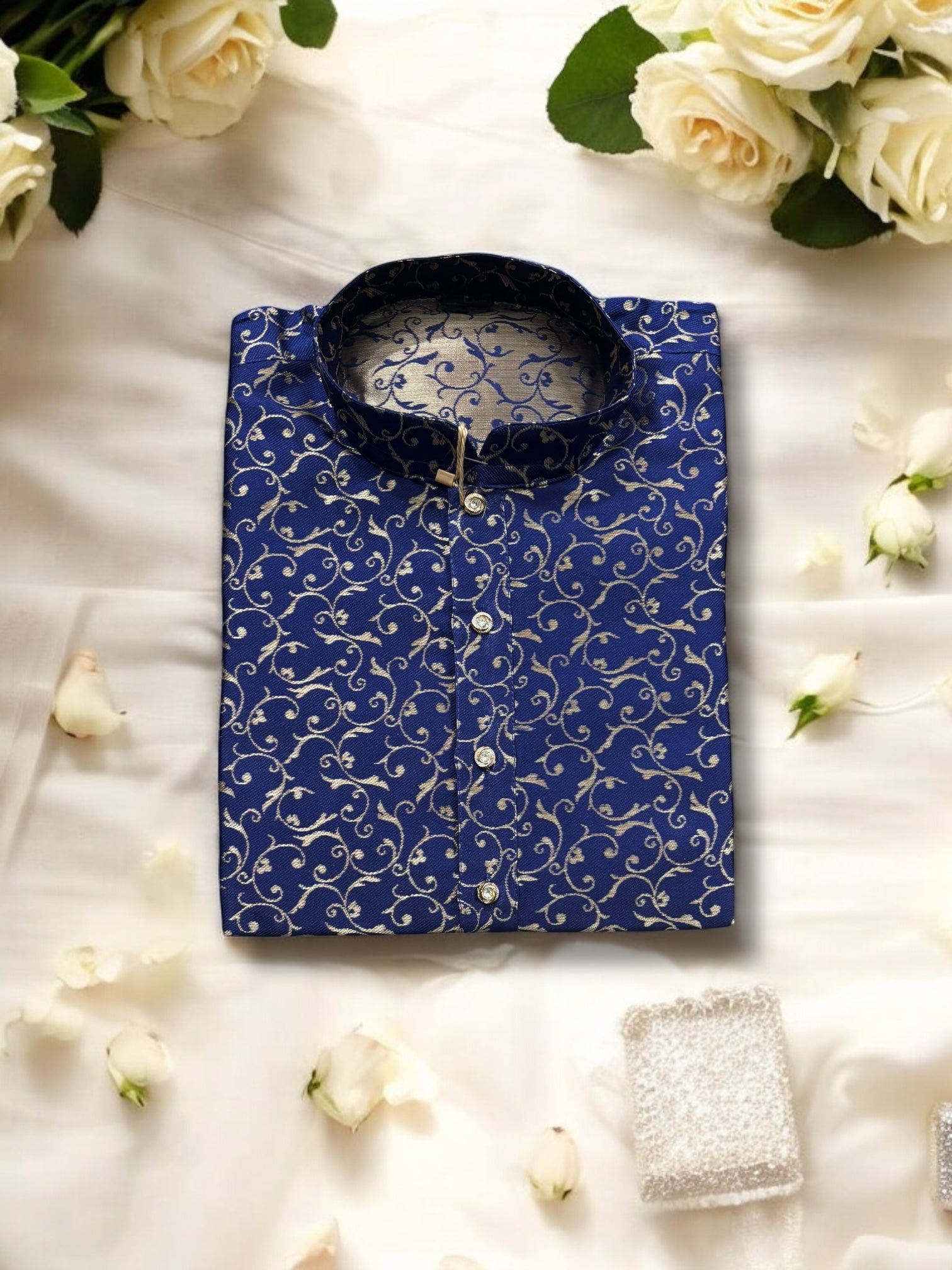Traditional men's navy blue silk kurta by Saree Ghor Charlotte, showcasing intricate ethnic design and classic fit.