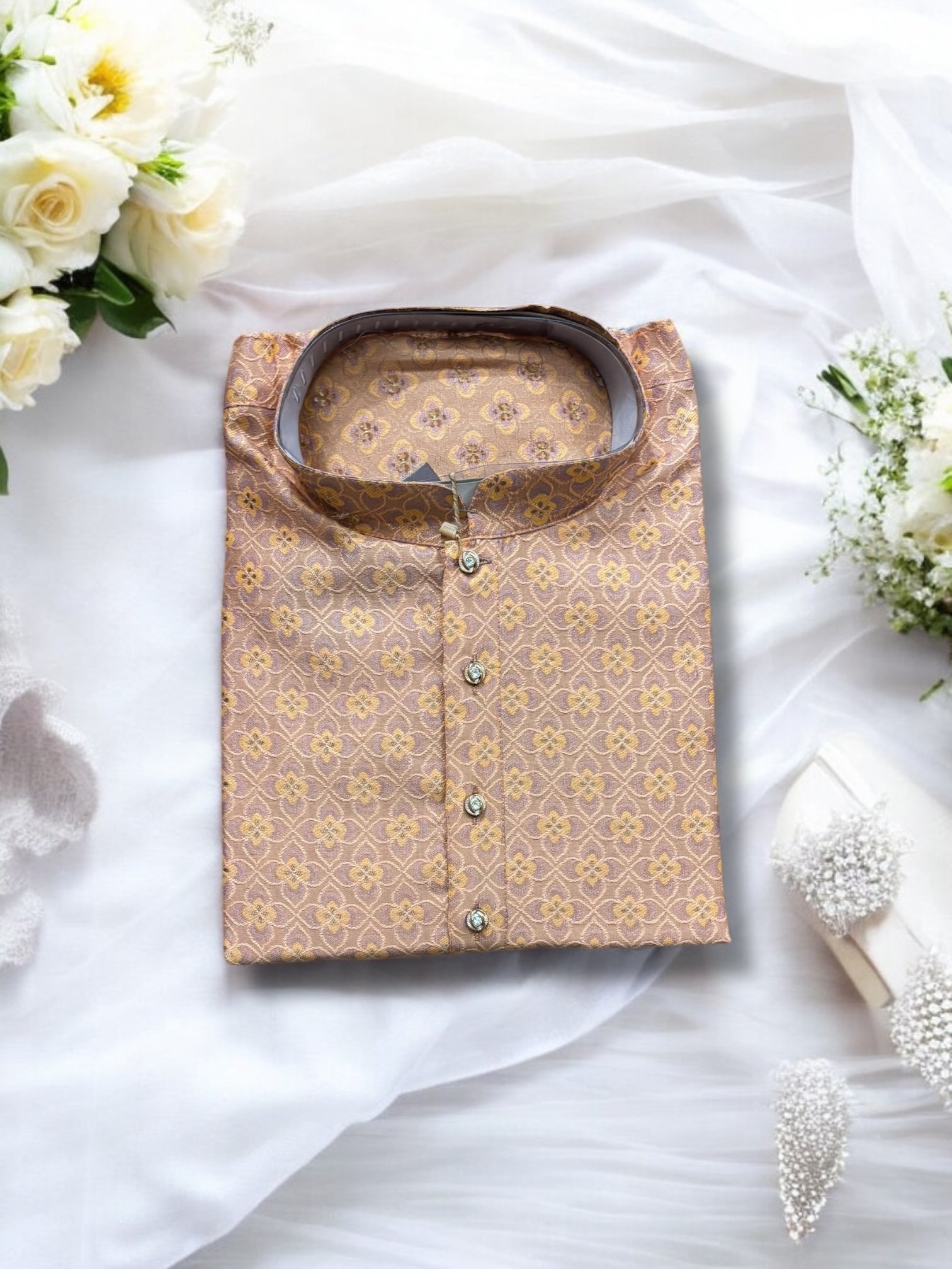 Traditional peach silk men's kurta by Saree Ghor Charlotte, showcasing intricate ethnic design and classic fit.