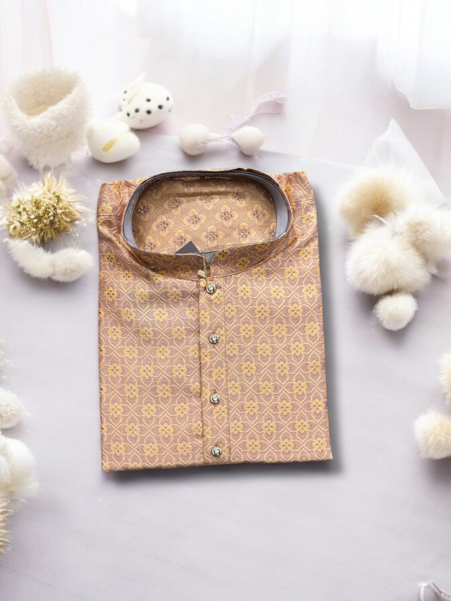 Peach silk men's kurta with traditional ethnic design from Saree Ghor Charlotte, perfect for cultural wear and special occasions.