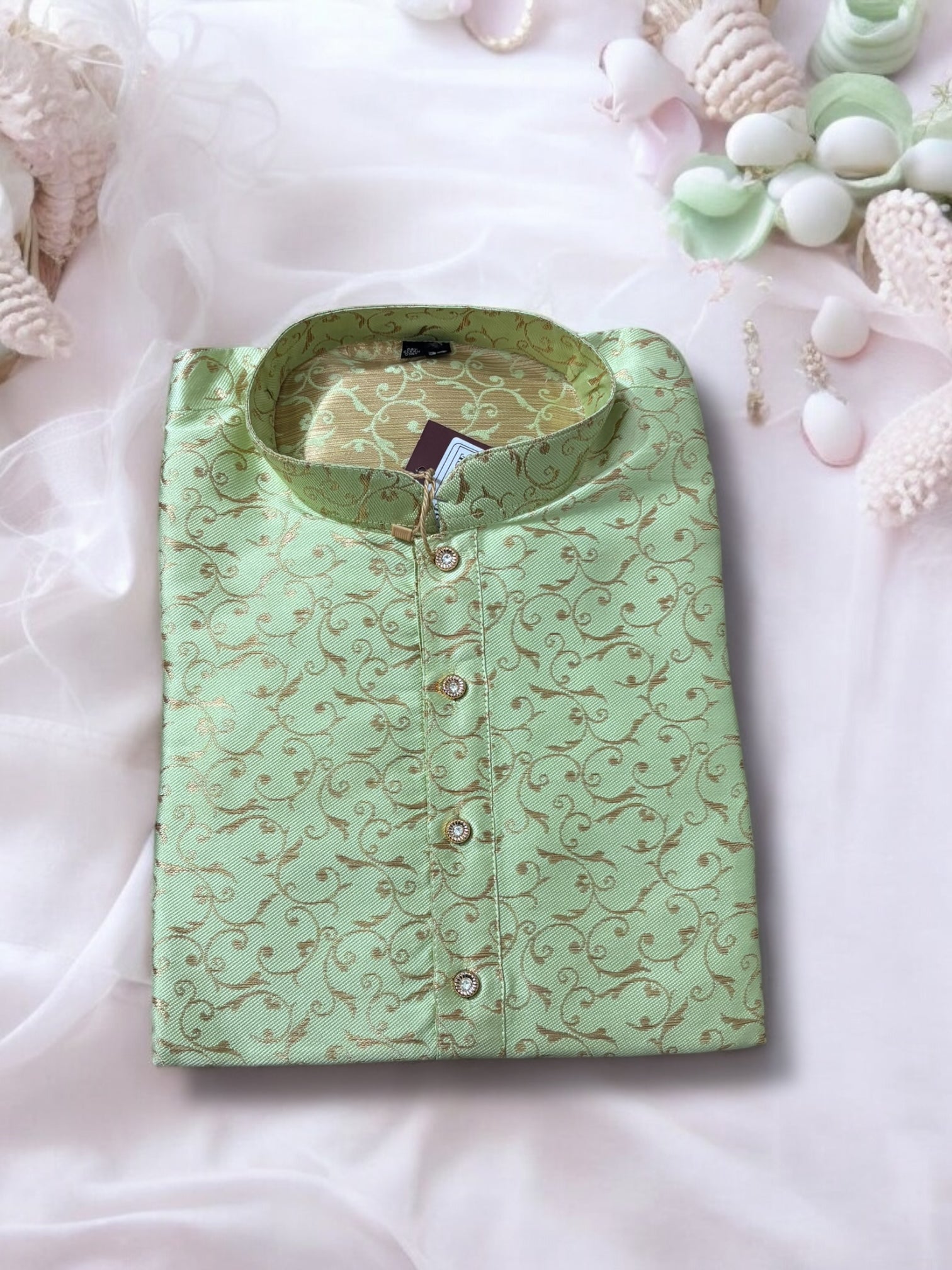 Traditional men's pista green silk kurta with intricate ethnic design, featuring long sleeves and a classic collar.