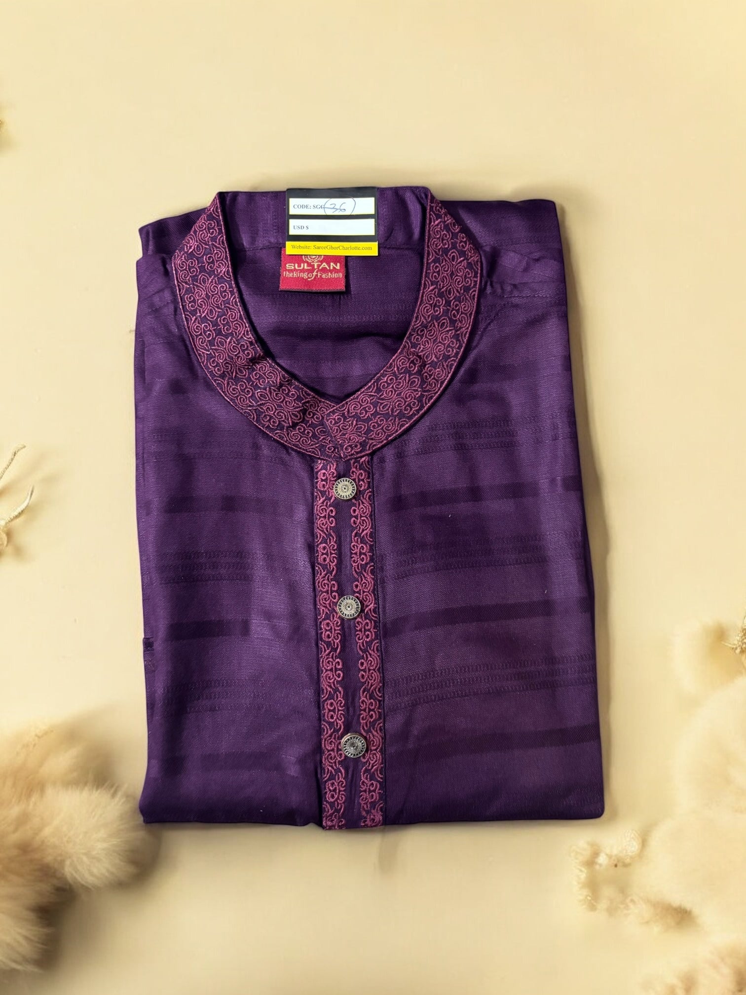 Traditional men's soft cotton kurta in light color with long sleeves, cultural ethnic wear by Saree Ghor Charlotte.