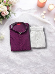 Traditional men's violet silk Kurta Pajama set by Saree Ghor Charlotte, featuring intricate ethnic embroidery and classic design.