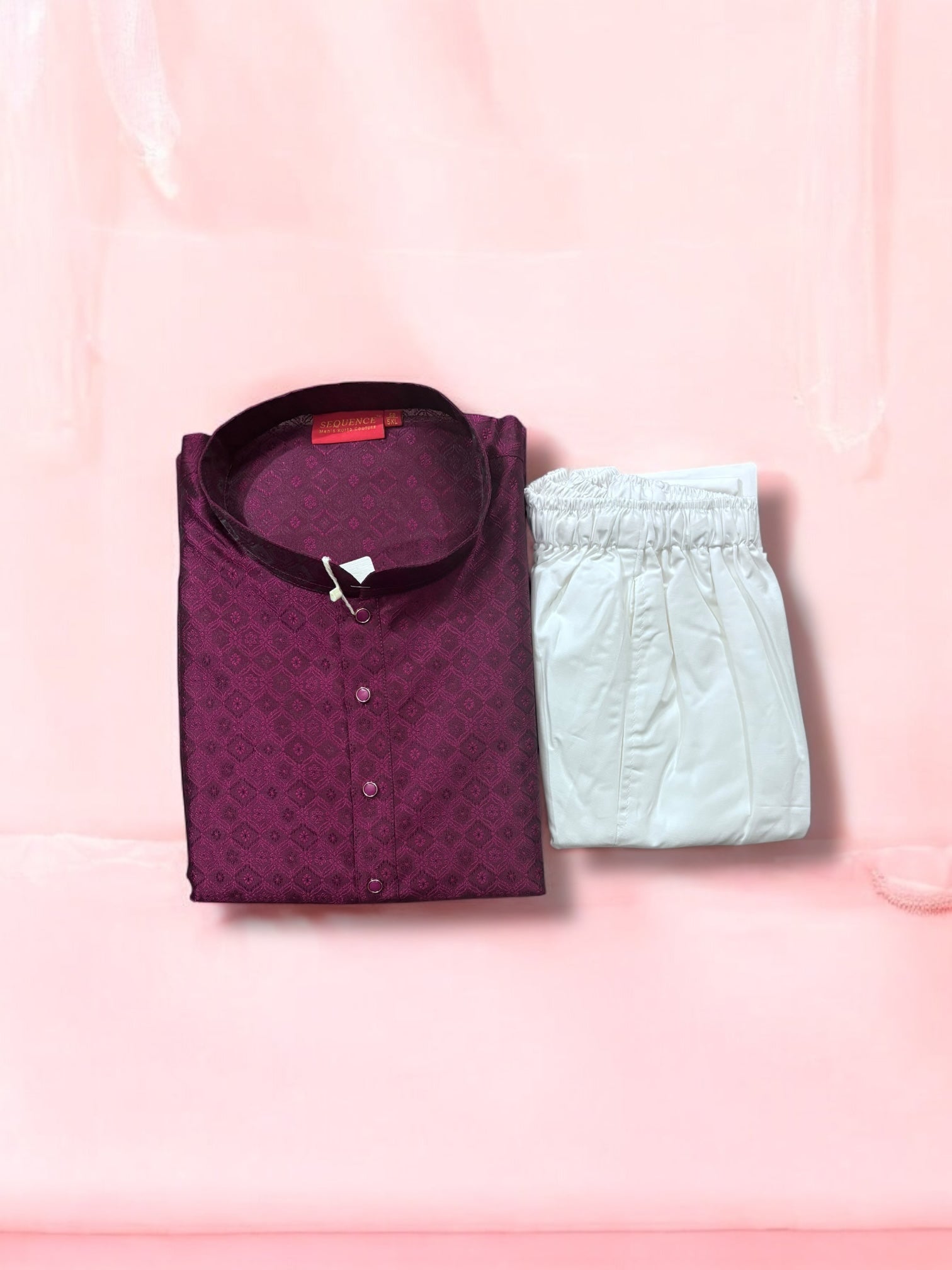 Men's violet silk kurta and pajama set by Saree Ghor Charlotte, traditional ethnic wear with intricate design details.