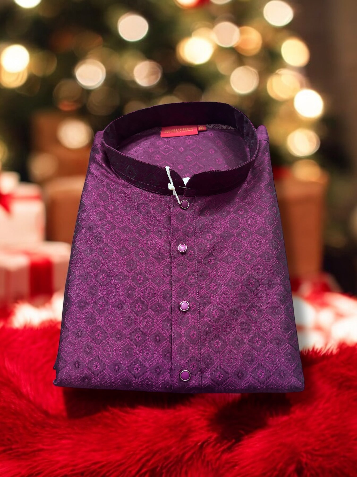 Traditional men's violet silk Kurta Pajama set by Saree Ghor Charlotte, featuring intricate ethnic design and classic fit.