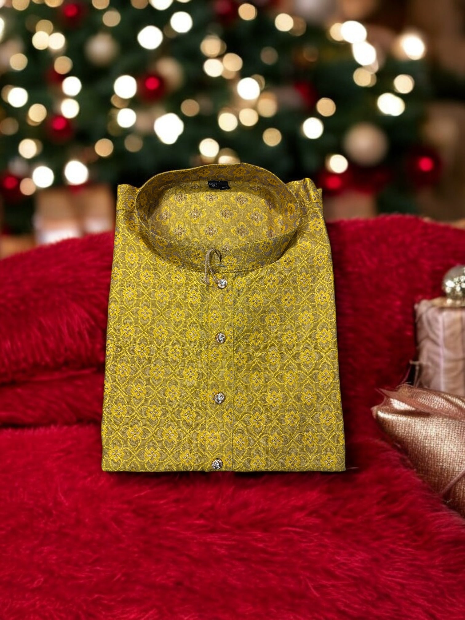 Traditional yellow silk men's kurta by Saree Ghor Charlotte, featuring intricate ethnic design and classic fit.