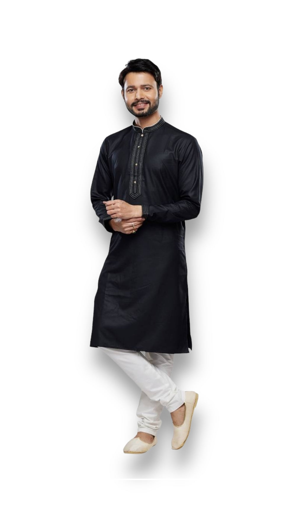 Black soft art silk men's kurta with matching pajama, traditional ethnic wear by Saree Ghor Charlotte.