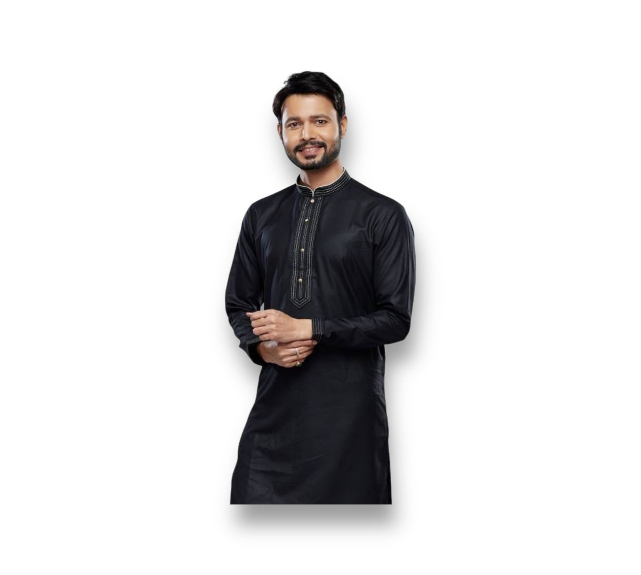 Black soft plain art silk men's kurta pajama with traditional ethnic design, worn by a model for cultural wear.