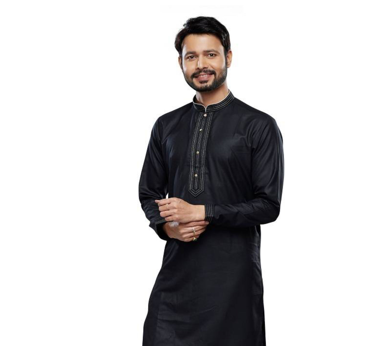 Black soft plain art silk men's kurta pajama with traditional design, showcasing a comfortable ethnic wear outfit.