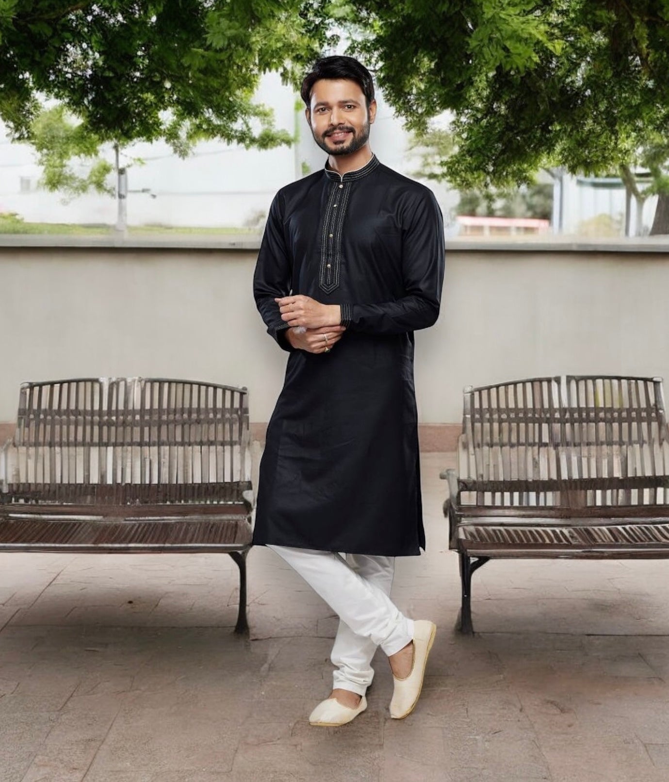Black soft plain art silk men's kurta with matching pajama, traditional cultural wear by Saree Ghor Charlotte.