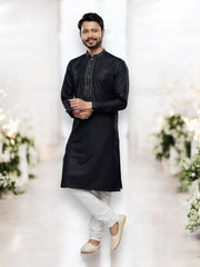 Black soft plain art silk men's kurta with matching pajama, traditional ethnic wear from Saree Ghor Charlotte.