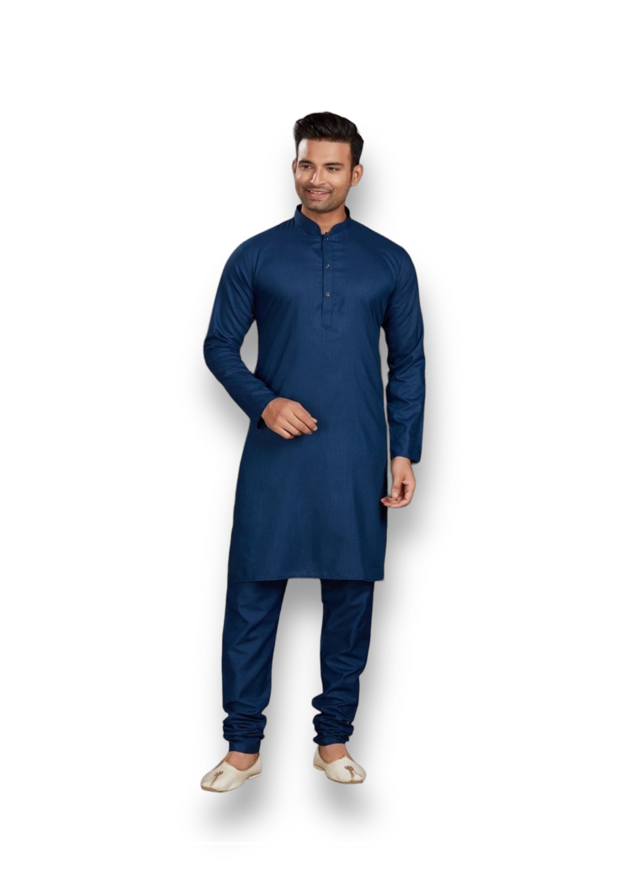 Blue men's kurta and pajama set by Saree Ghor Charlotte, traditional ethnic wear for men, featuring intricate design details.