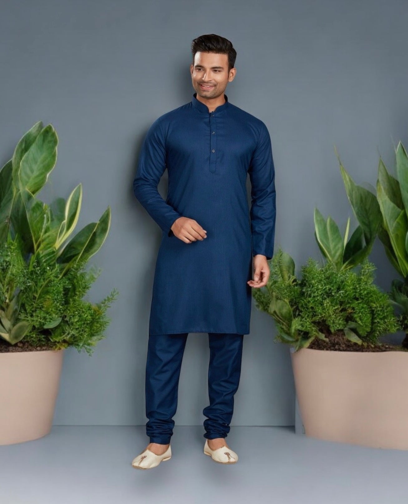 Blue men's kurta and pajama set by Saree Ghor Charlotte, traditional ethnic wear with intricate detailing.