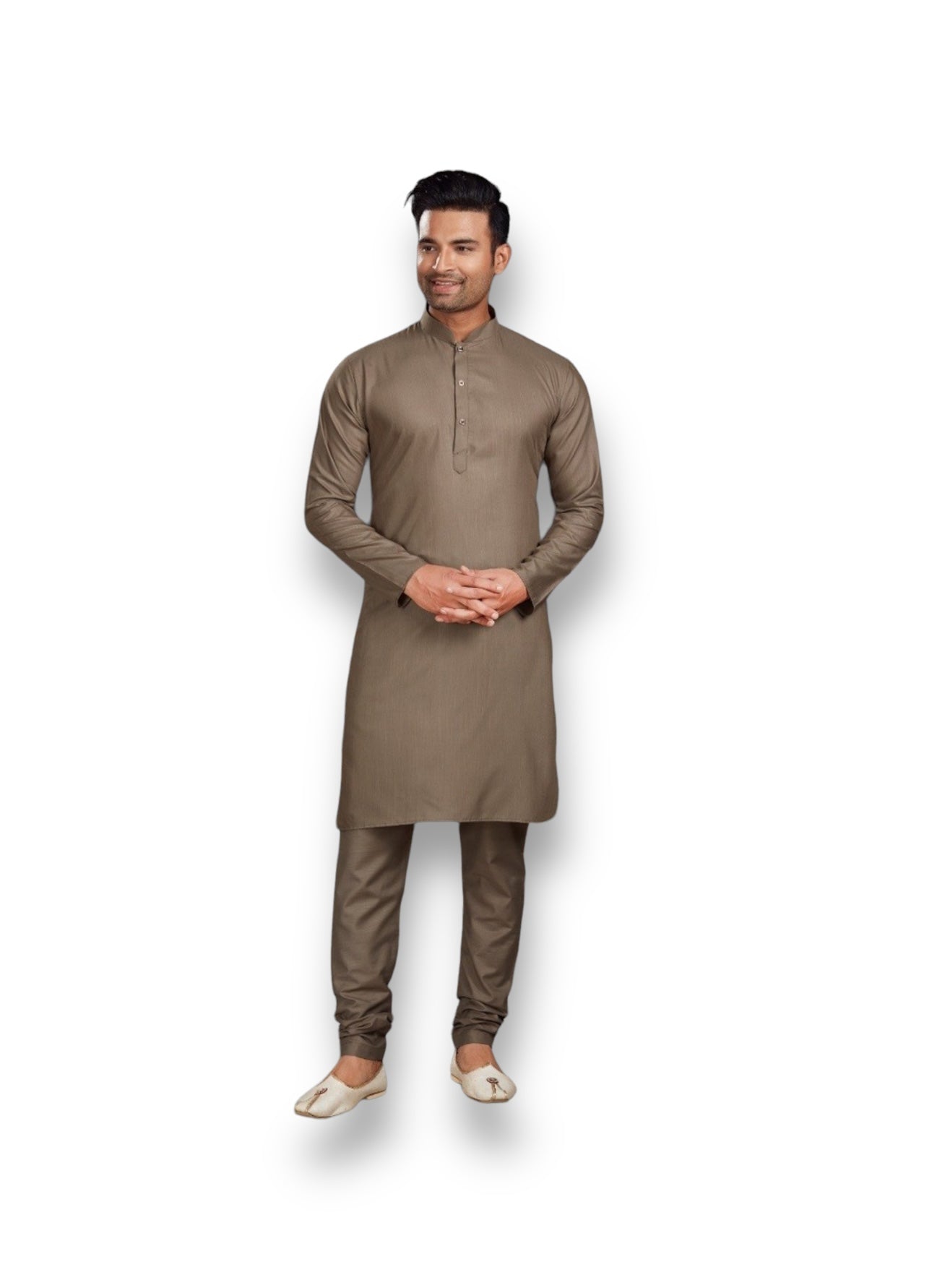 Light brown men's kurta and pajama set from Saree Ghor Charlotte, traditional ethnic wear with intricate design details.