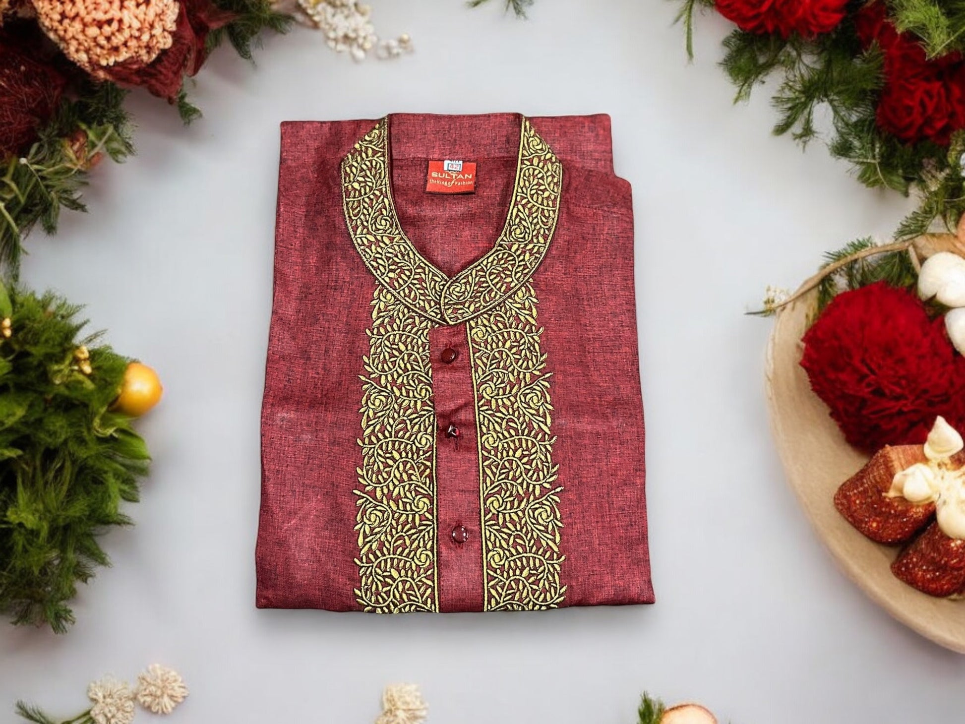 Maroon traditional men's cotton kurta by Saree Ghor Charlotte, soft and high-quality fabric, perfect for cultural occasions.