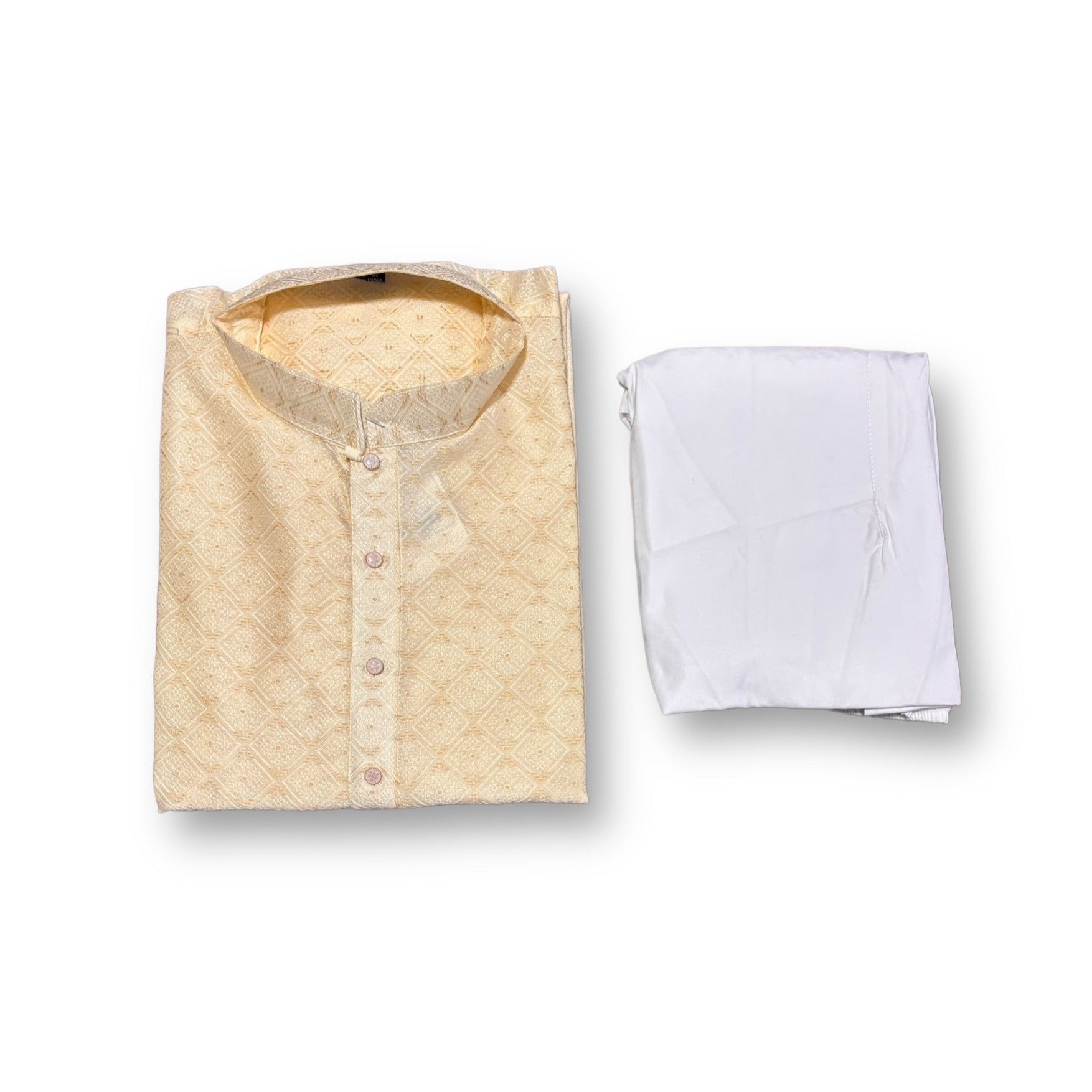Men's cream-colored traditional silk kurta and pajama set by Saree Ghor Charlotte, showcasing elegant ethnic attire.