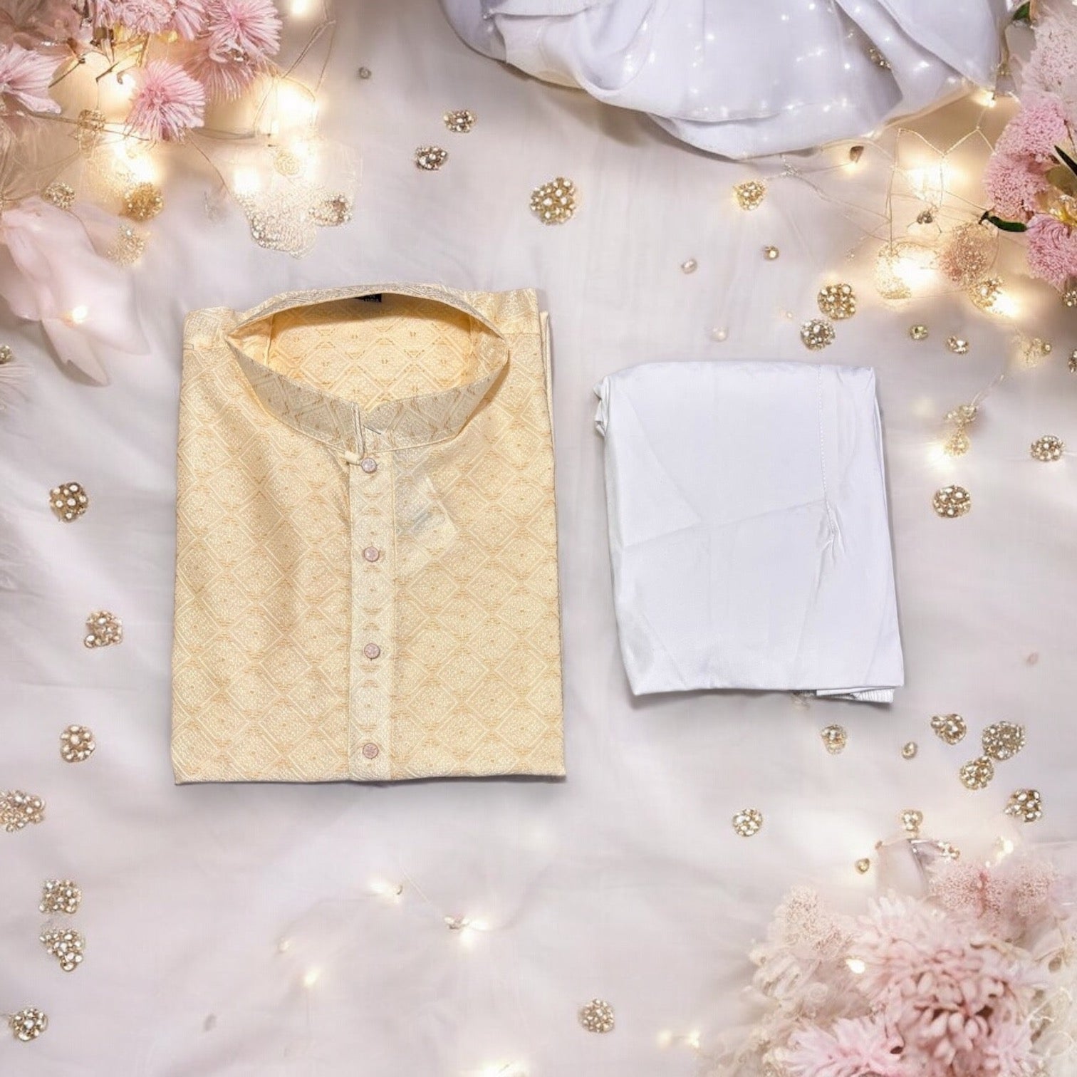 Men's cream traditional silk kurta with matching pajama, stylish and elegant, by Saree Ghor Charlotte.