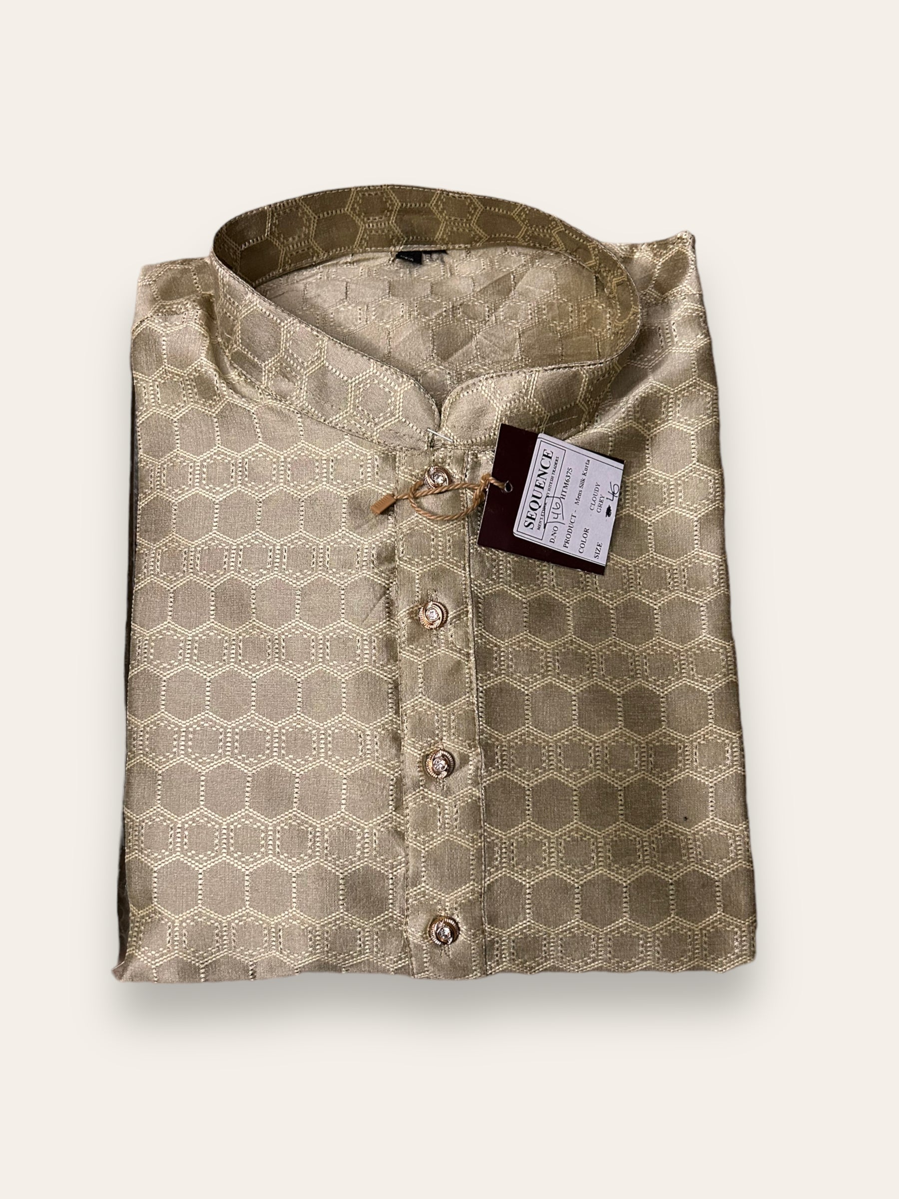 Men's gray traditional silk kurta with matching pajama, showcasing elegant ethnic wear by Saree Ghor Charlotte.