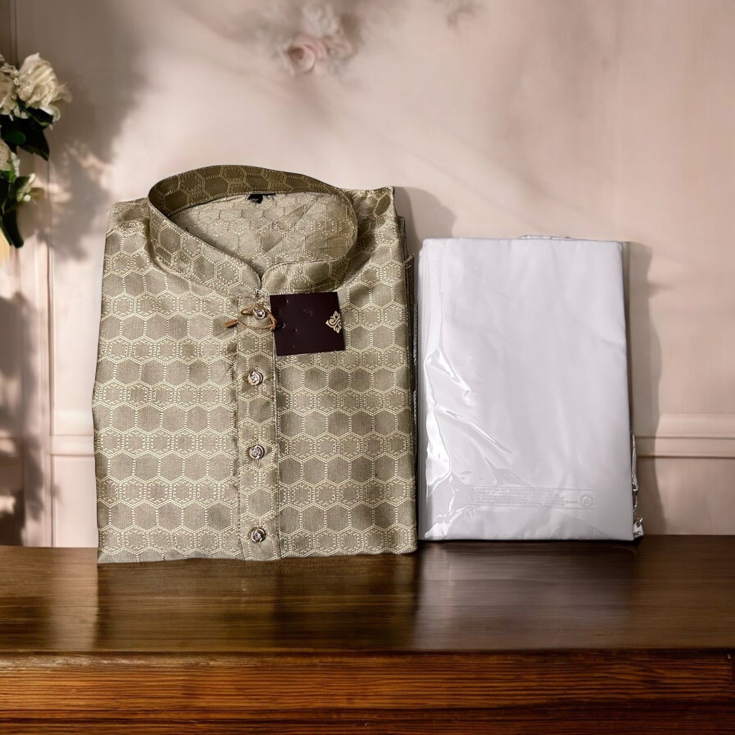 Men's gray traditional silk kurta with pajama, casual ethnic wear by Saree Ghor Charlotte, suitable for cultural occasions.