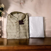 Men's gray traditional silk kurta with pajama, casual ethnic wear by Saree Ghor Charlotte, suitable for cultural occasions.