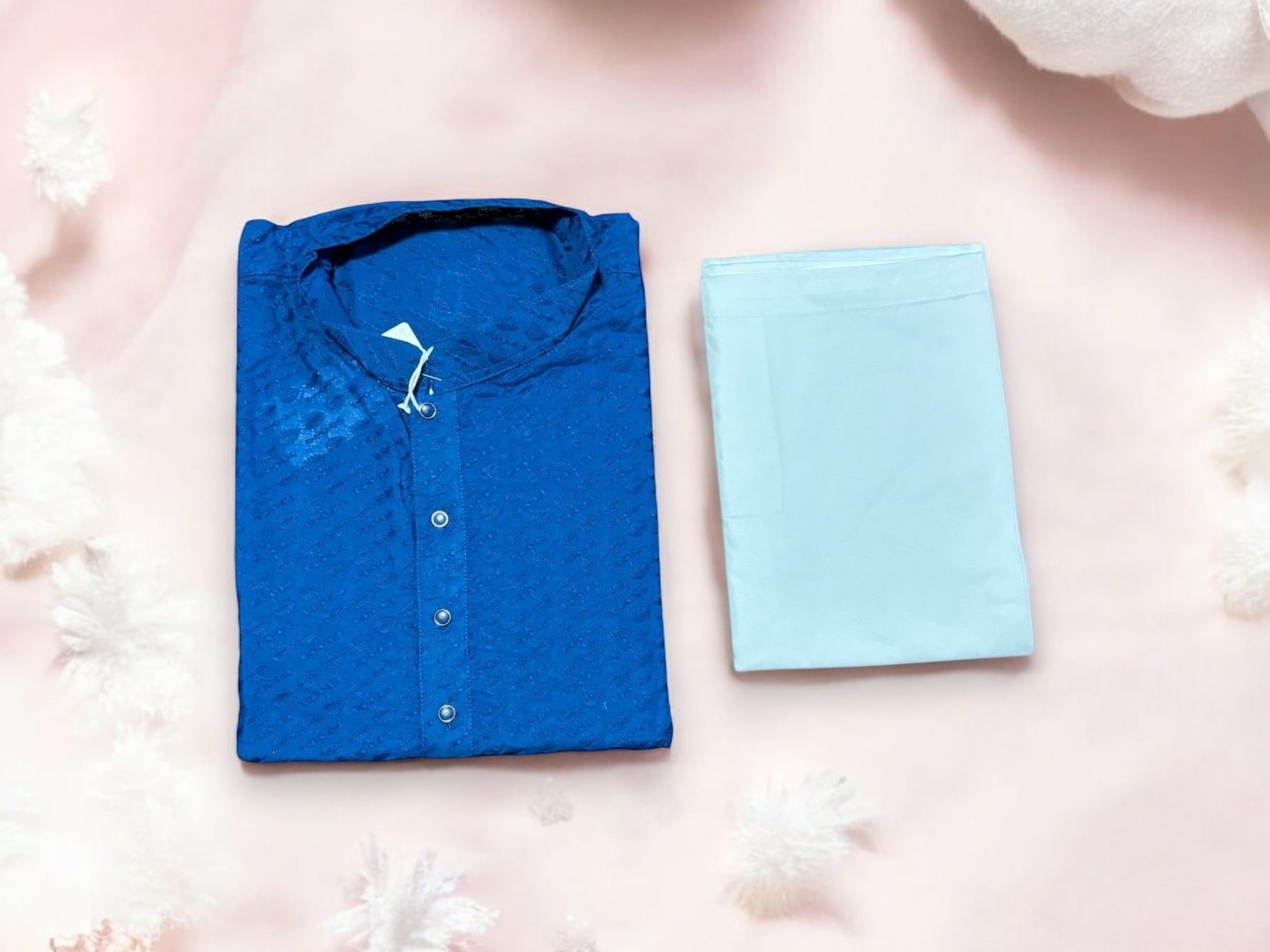 Men's traditional blue sequence kurta with matching pajama by Saree Ghor Charlotte, featuring intricate design and classic fit.