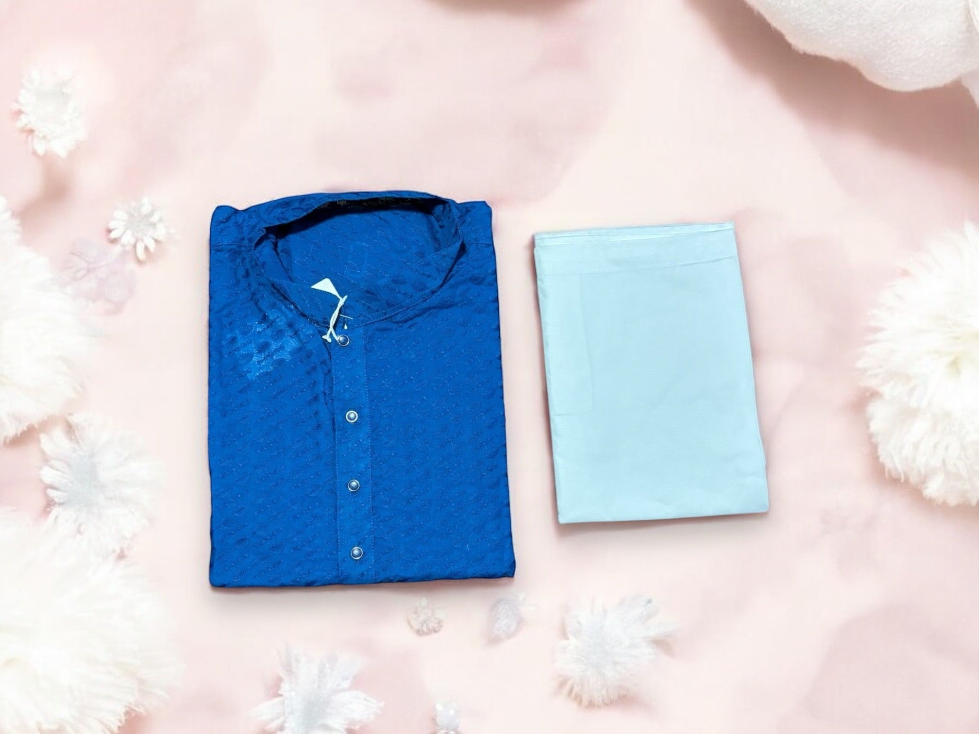 Men's traditional blue sequence kurta with pajama, Saree Ghor Charlotte men's kurta, detailed fabric and elegant design.