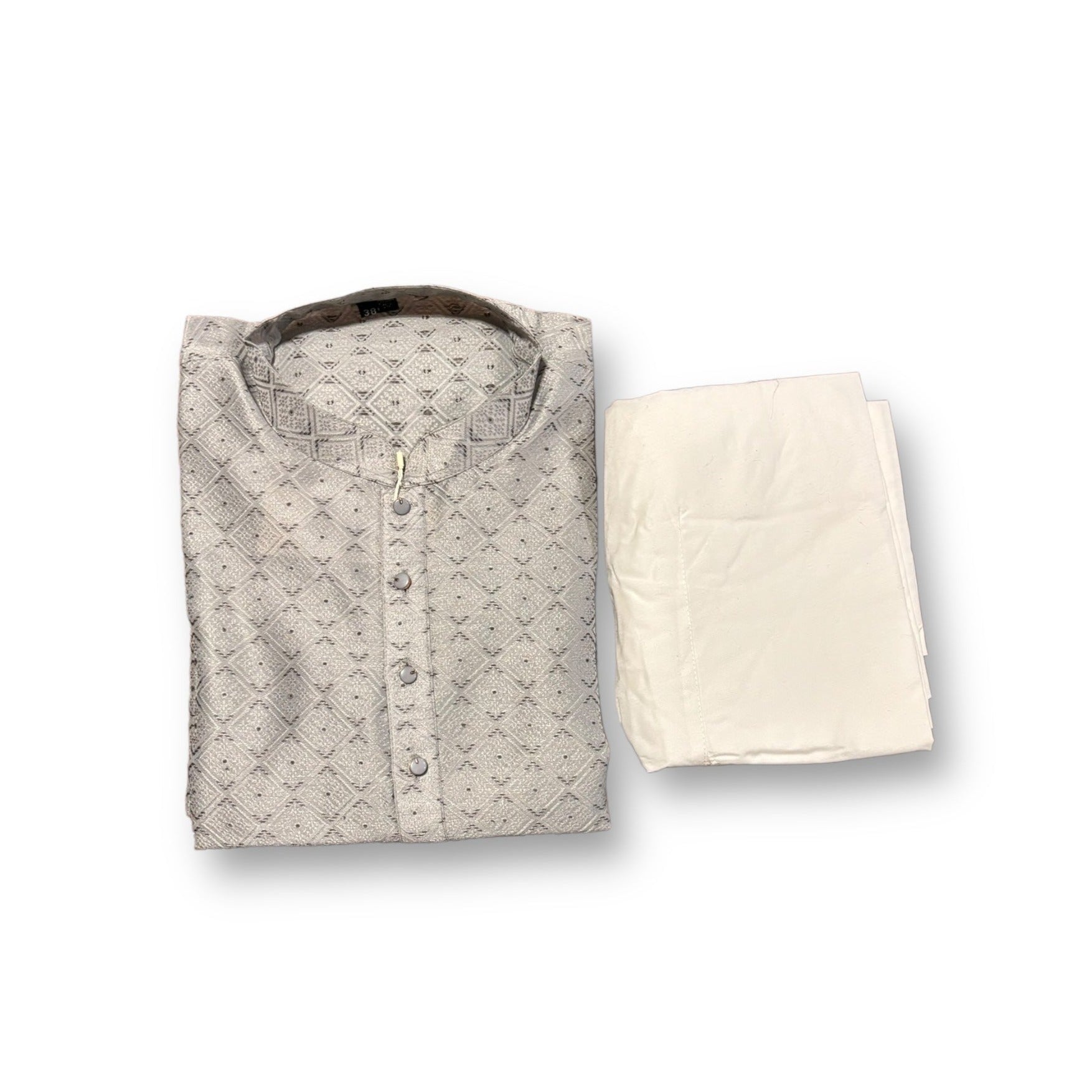 Men's traditional gray silk kurta with matching pajama, stylish ethnic wear from Saree Ghor Charlotte.