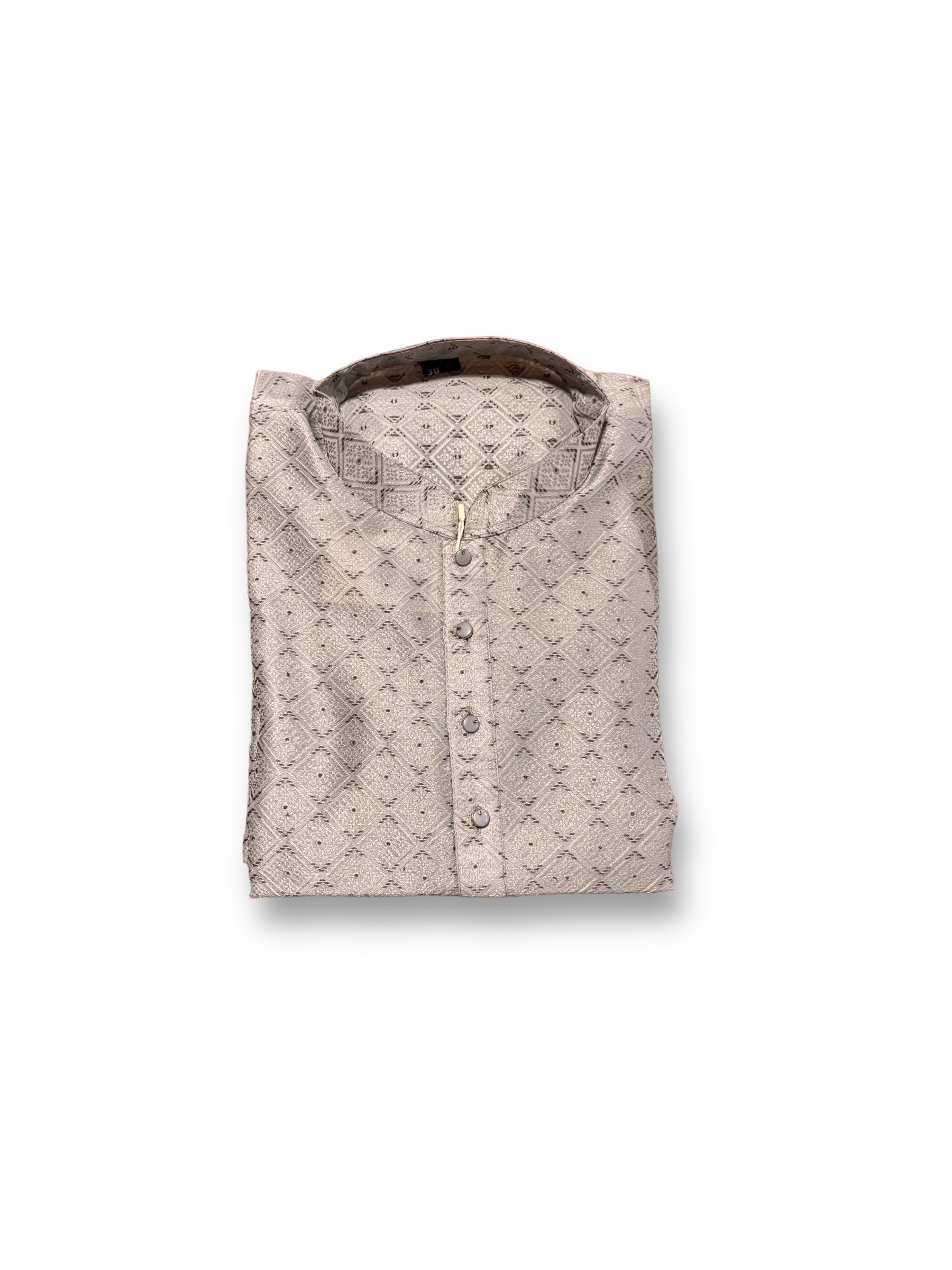 Men's traditional gray silk kurta with matching pajama from Saree Ghor Charlotte, showcasing elegant ethnic wear for special occasions.