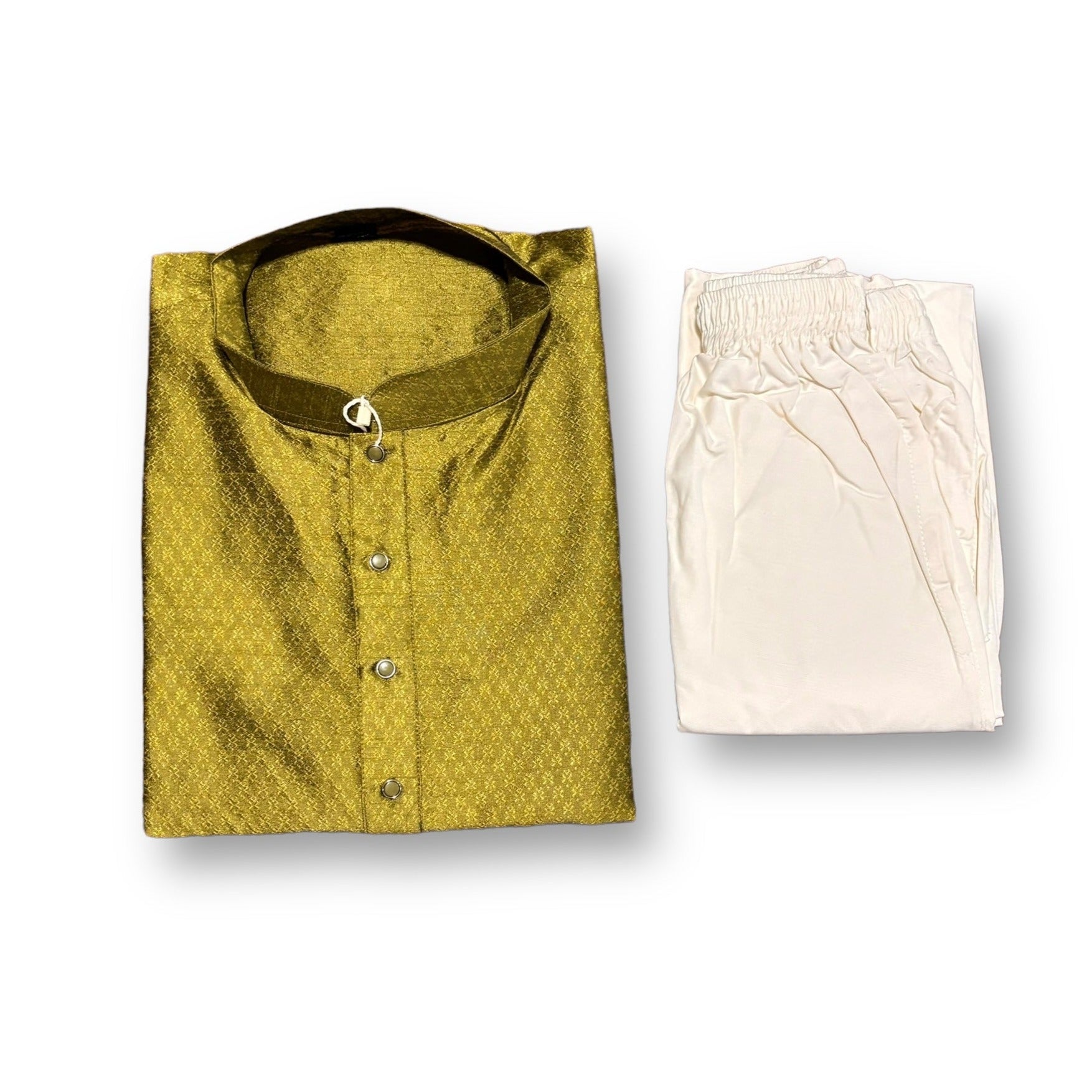 Men's traditional green silk kurta with matching pajama, by Saree Ghor Charlotte, shown with detailed embroidery and classic style.