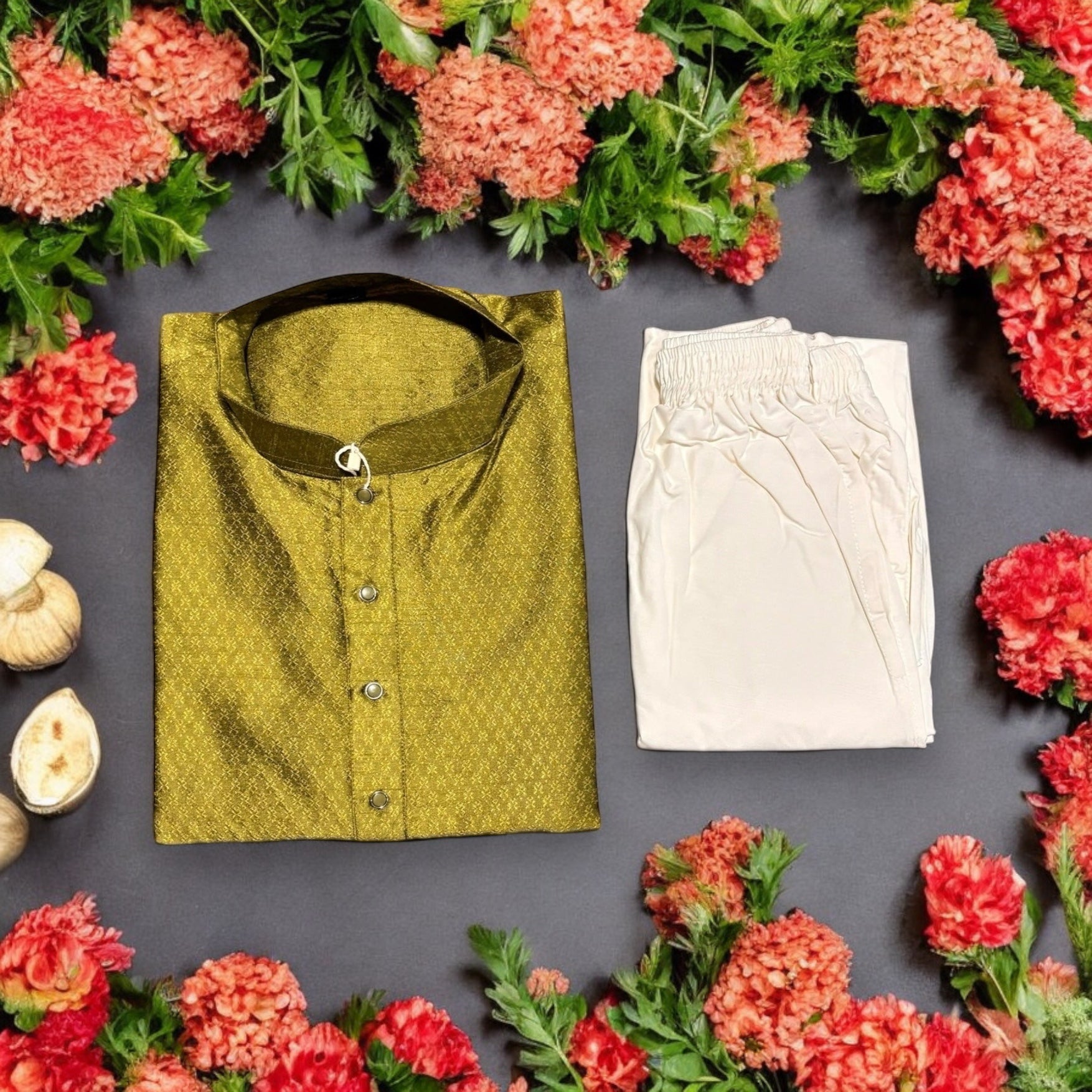 Mens traditional green silk kurta with pajama from Saree Ghor Charlotte, featuring classic design and intricate detailing.
