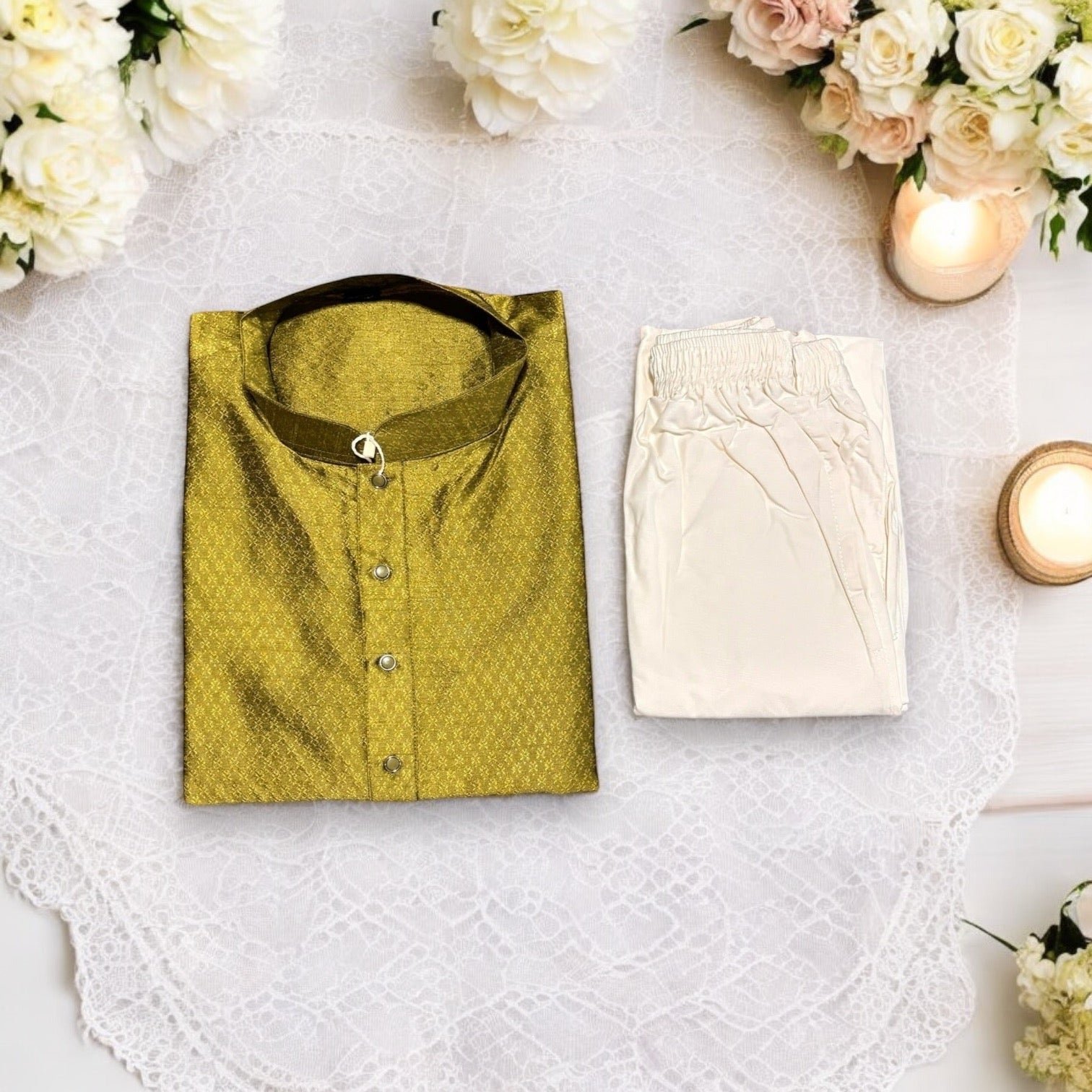 Mens traditional green silk kurta with matching pajama by Saree Ghor Charlotte, elegant Indian ethnic wear for men.