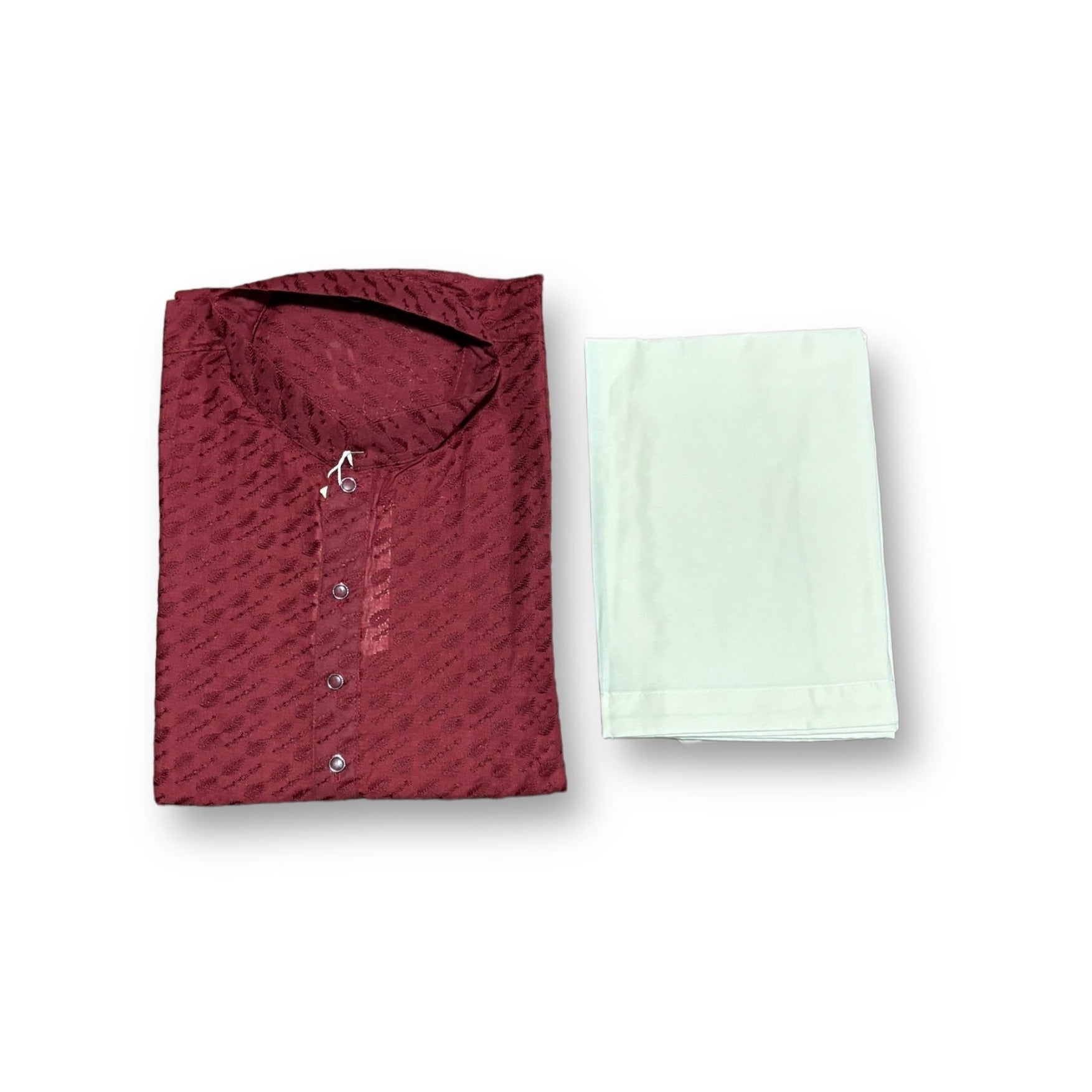 Men's traditional maroon kurta and pajama set by Saree Ghor Charlotte, featuring intricate design and comfortable fit.