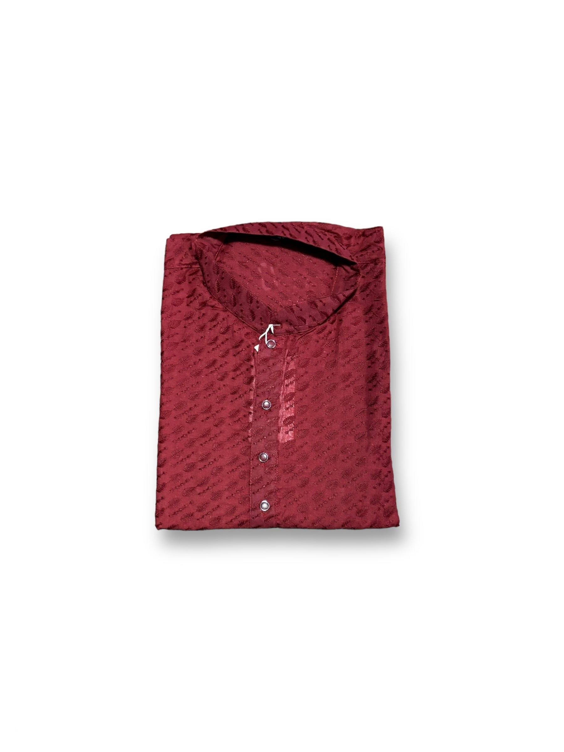 Men's traditional maroon kurta and pajama set by Saree Ghor Charlotte, casual ethnic wear with detailed neckline and comfortable fit.