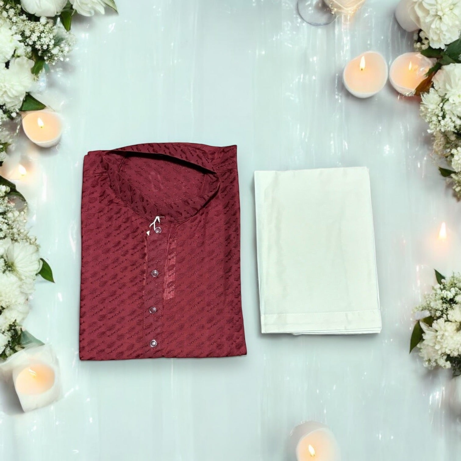 Traditional maroon men's kurta and pajama from Saree Ghor Charlotte, featuring classic design and comfortable fit.
