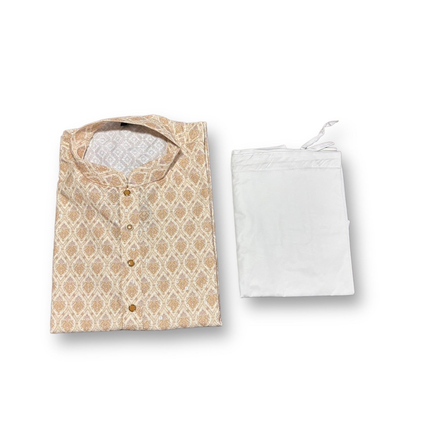 Men's traditional beige printed kurta and pajama set by Saree Ghor Charlotte, featuring intricate work and classic design.