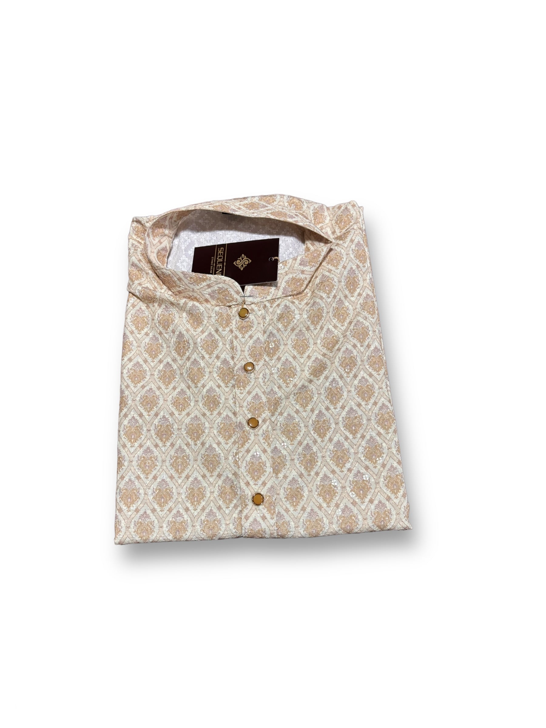 Beige men's traditional printed kurta with work details and matching pajama from Saree Ghor Charlotte, suitable for casual or festive wear.