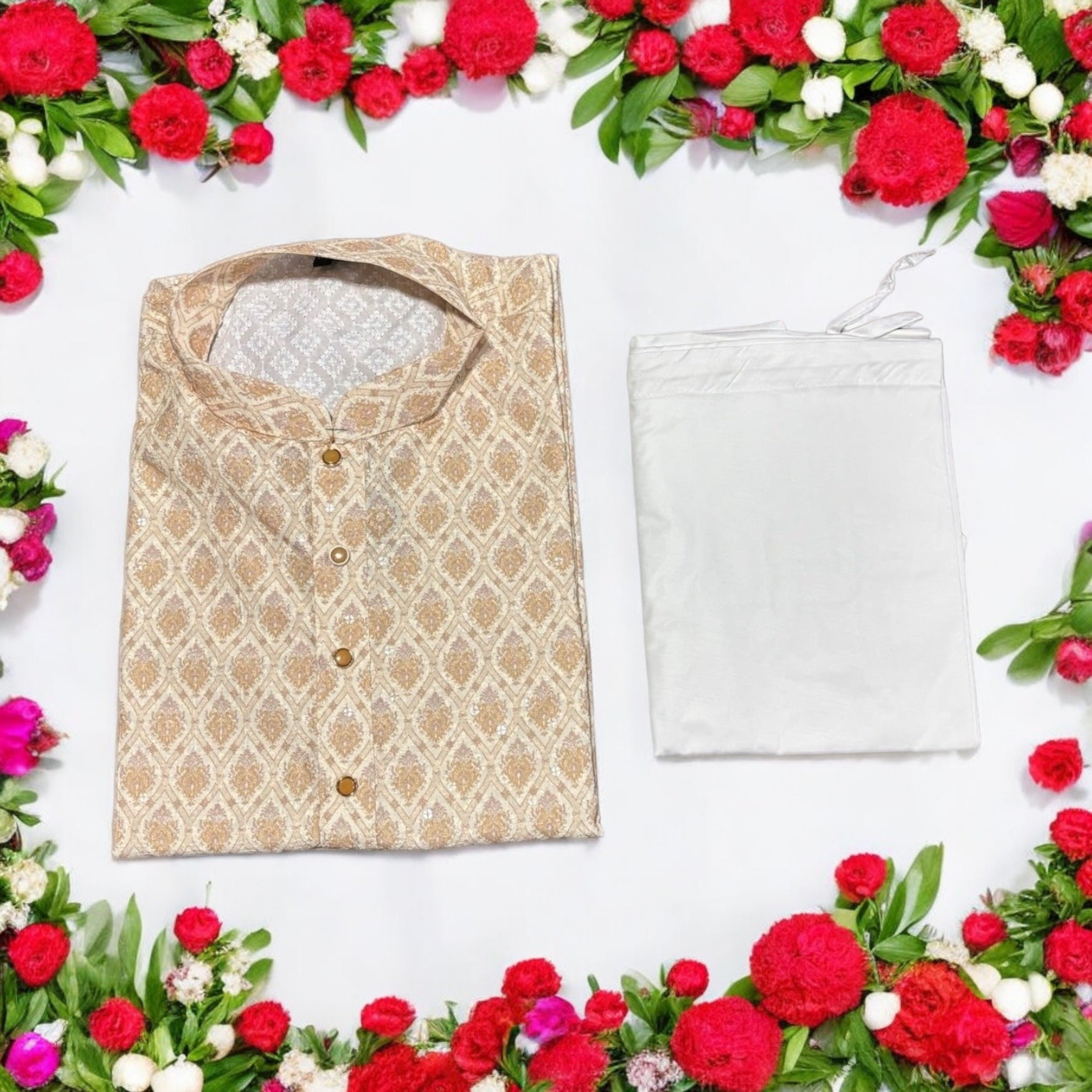 Mens traditional beige printed kurta with intricate work, paired with matching pajama, from Saree Ghor Charlotte.