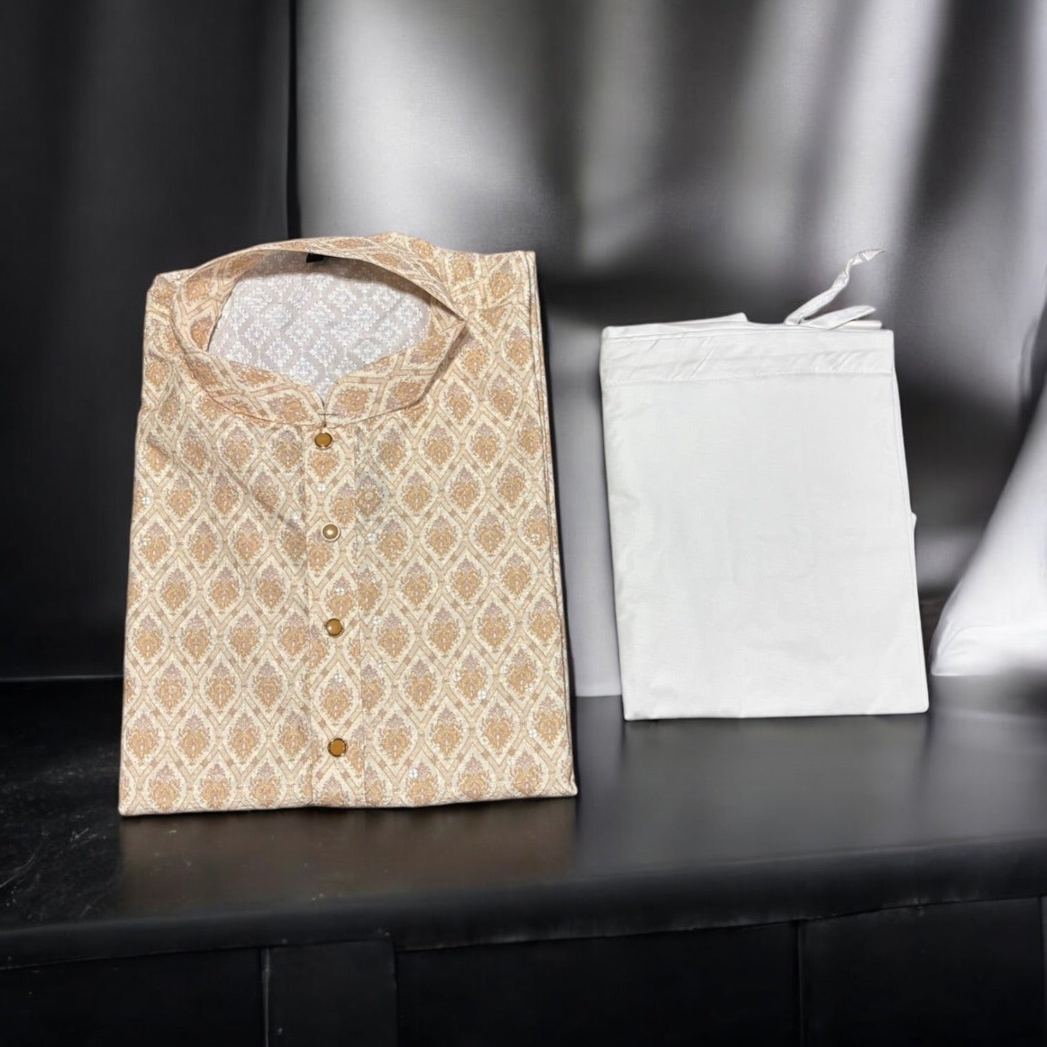 Men's traditional beige printed kurta and pajama by Saree Ghor Charlotte, with detailed work and classic design.