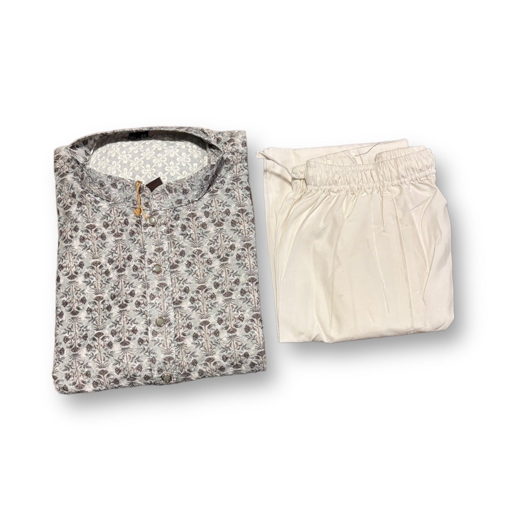 Mens traditional printed gray kurta and pajama set by Saree Ghor Charlotte, featuring intricate design and comfortable fit.