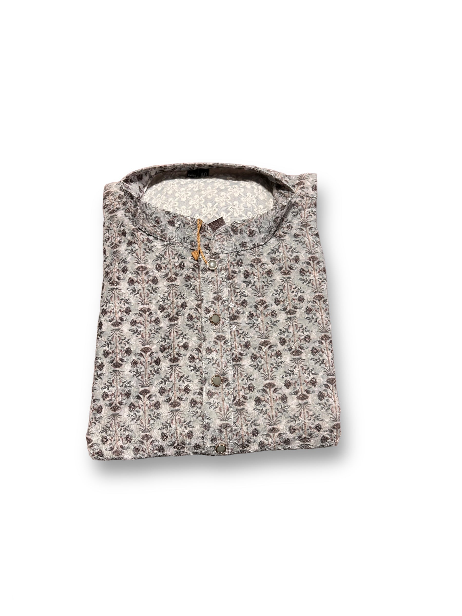 Mens traditional printed gray kurta and pajama from Saree Ghor Charlotte, featuring intricate work and classic design.