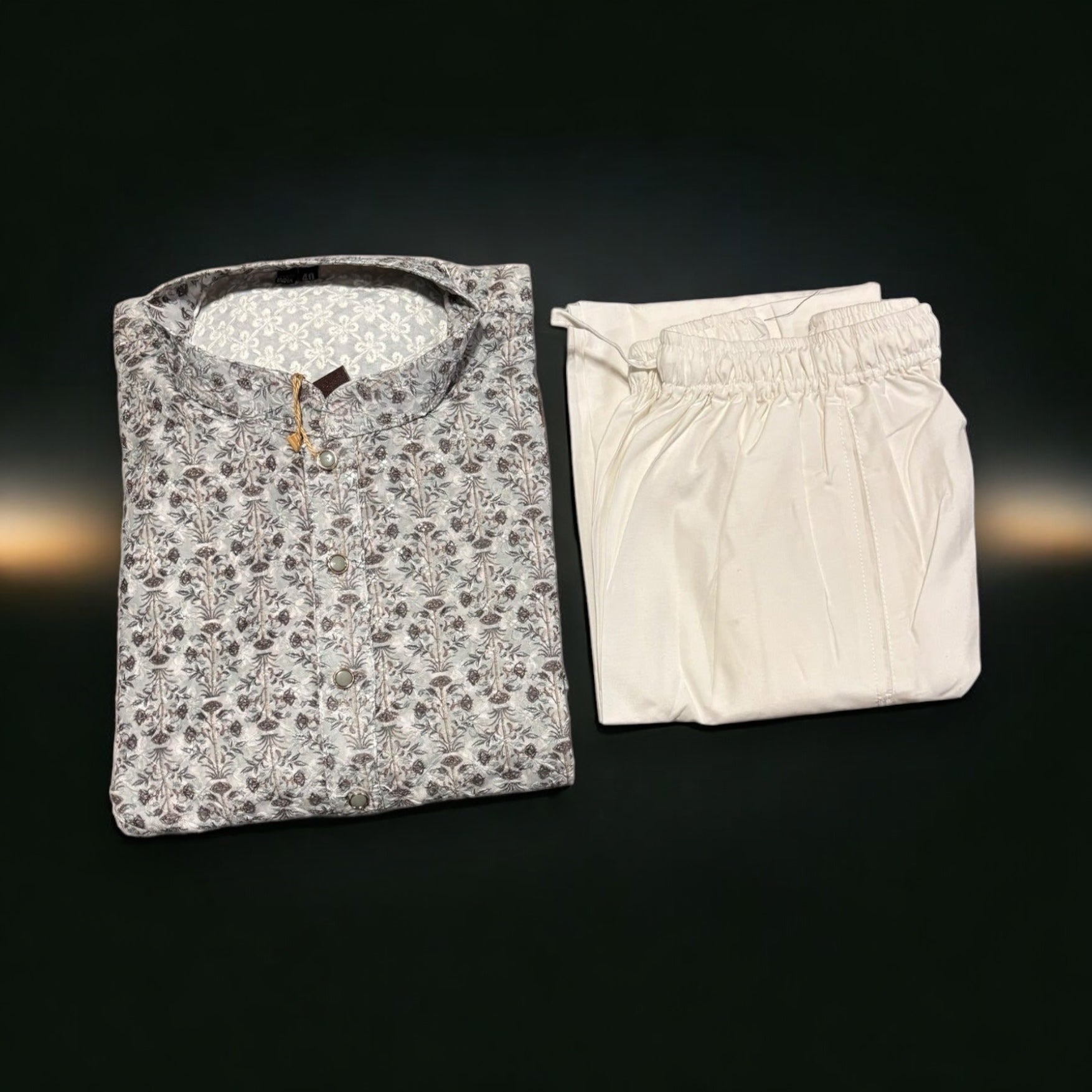 Mens traditional gray printed kurta and pajama set by Saree Ghor Charlotte, featuring intricate work and comfortable fit.