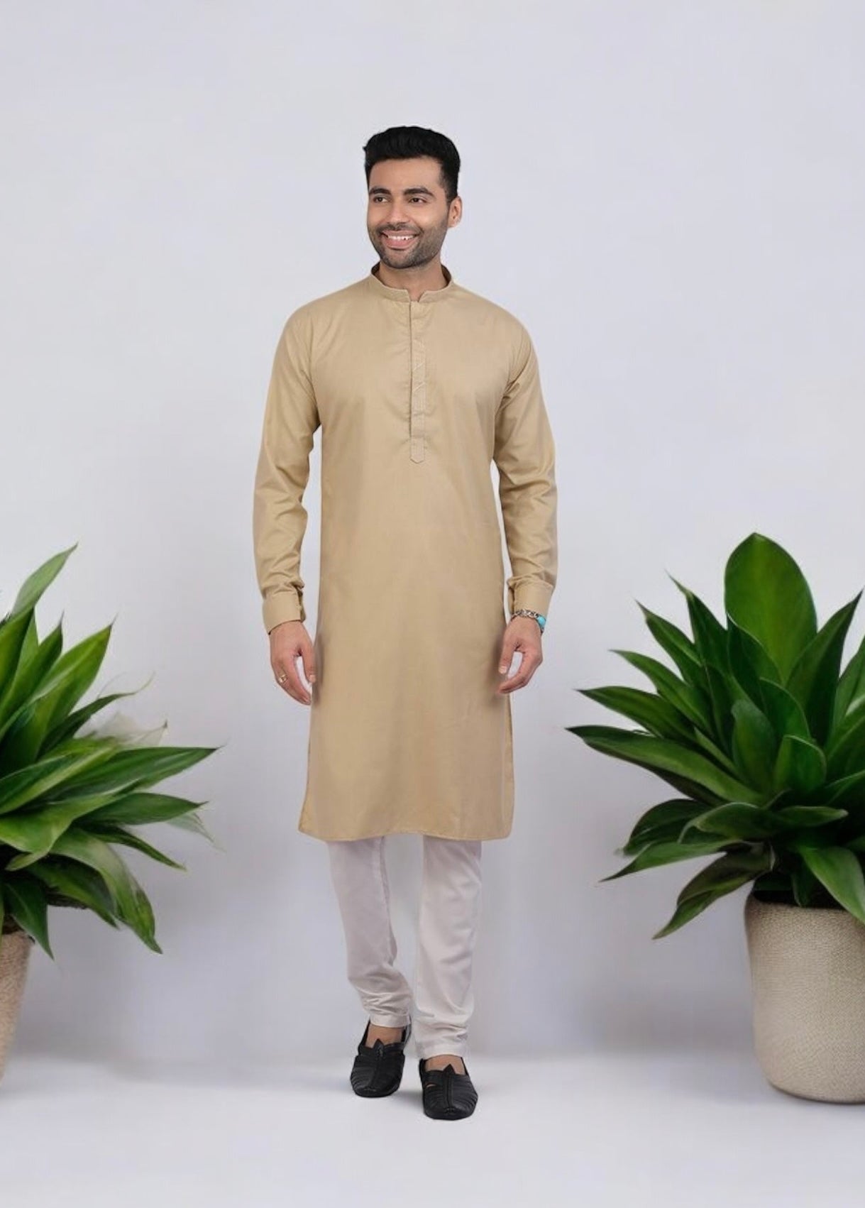 Mustard color men's kurta and pajama set by Saree Ghor Charlotte, traditional festive wear with intricate design.