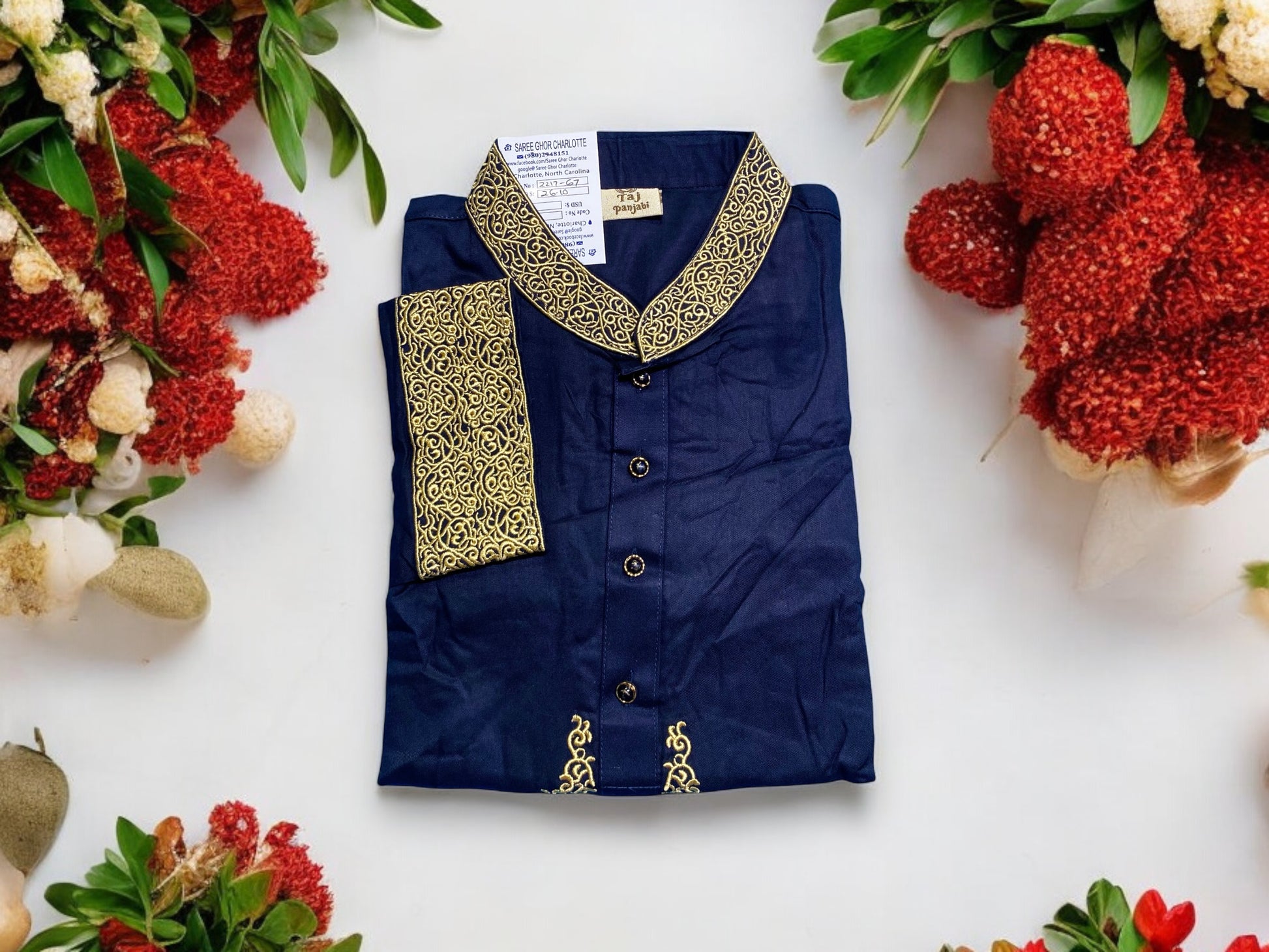 Navy blue traditional men's cotton kurta from Saree Ghor Charlotte, soft high-quality fabric, classic design for men.
