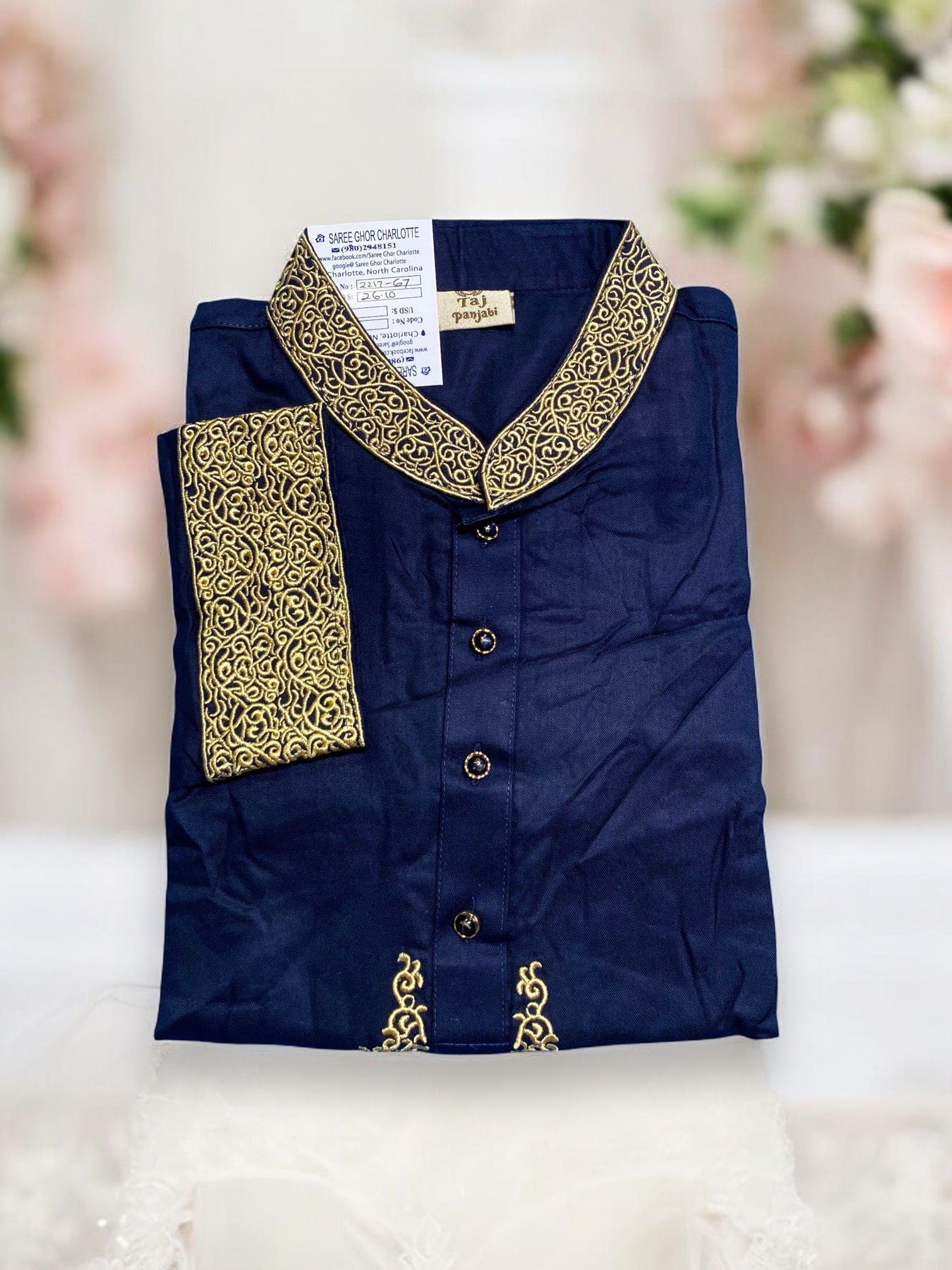 Navy blue traditional men's cotton kurta from Saree Ghor Charlotte, soft high-quality fabric with classic design.